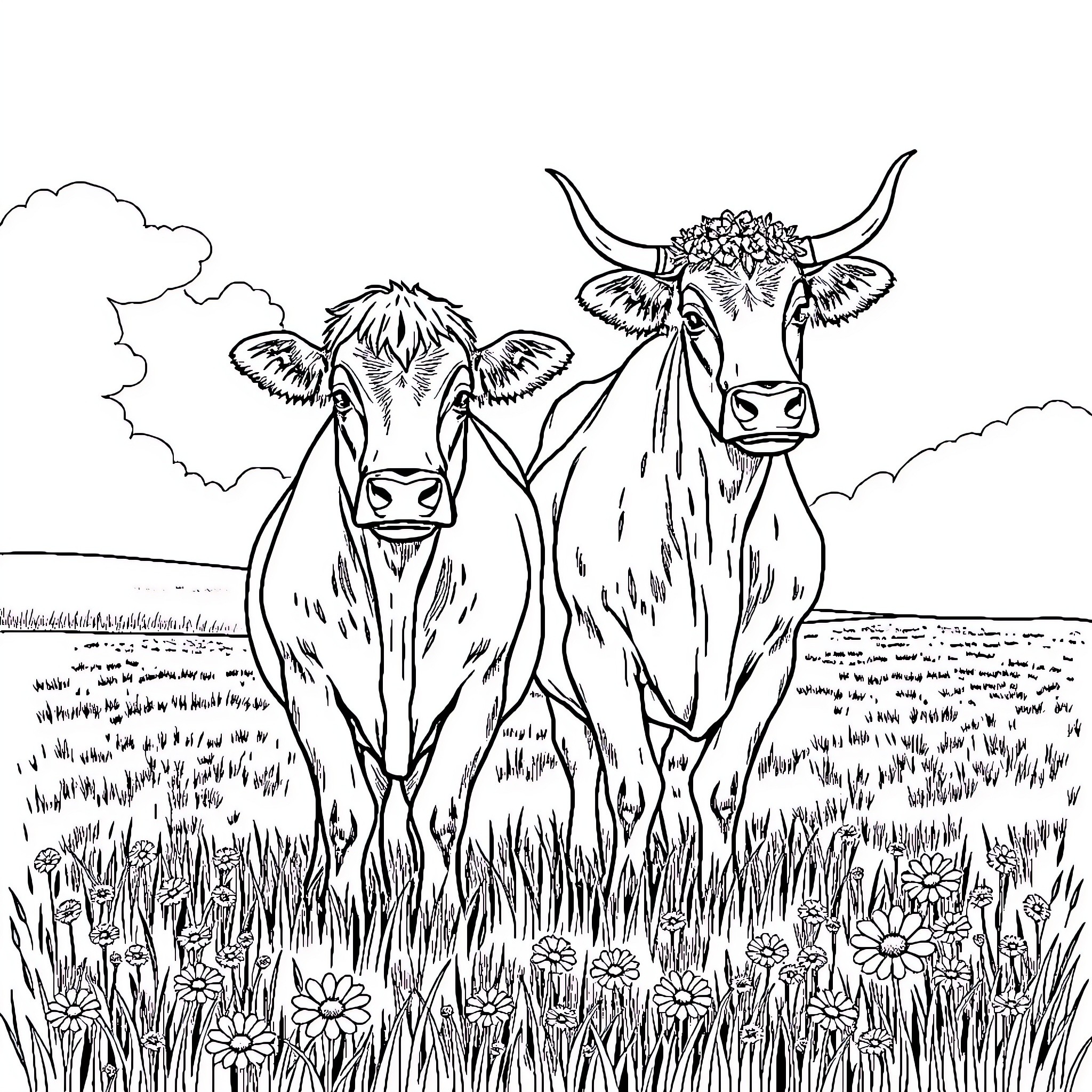 Highland Cows grazing peacefully in a meadow Coloring Page (free black-and-white line drawing printable PDF for all, from beginners to advanced learners, including children, teens, adults, and seniors)