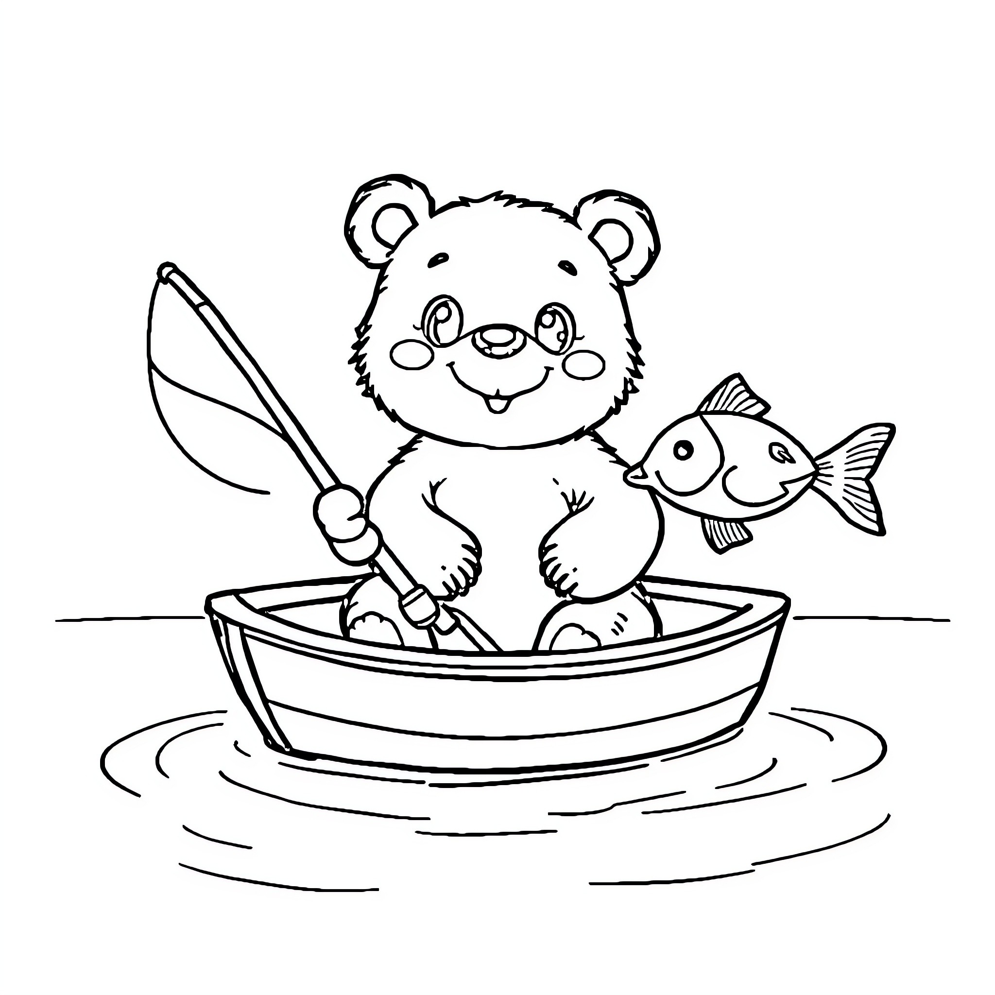 Bear fishing with a friend in a boat Coloring Page (free black-and-white line drawing printable PDF for all, from beginners to advanced learners, including children, teens, adults, and seniors)