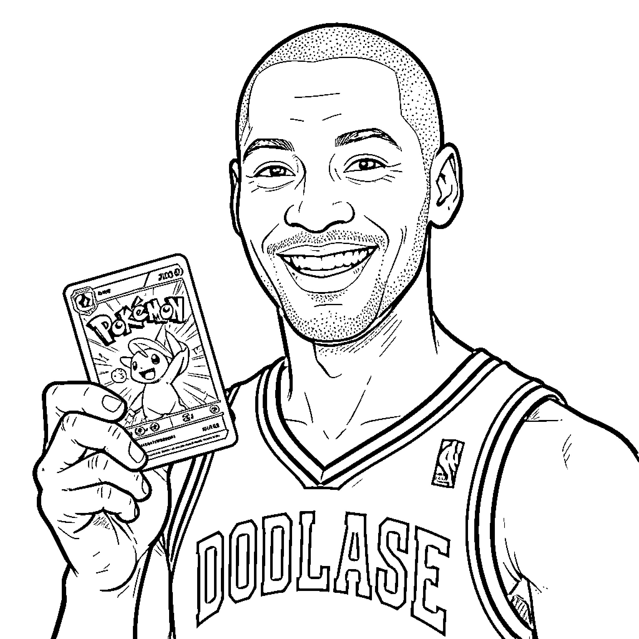 Michael Jordan playing with Pokemon card Coloring Page (free black-and-white line drawing printable PDF for all, from beginners to advanced learners, including children, teens, adults, and seniors)
