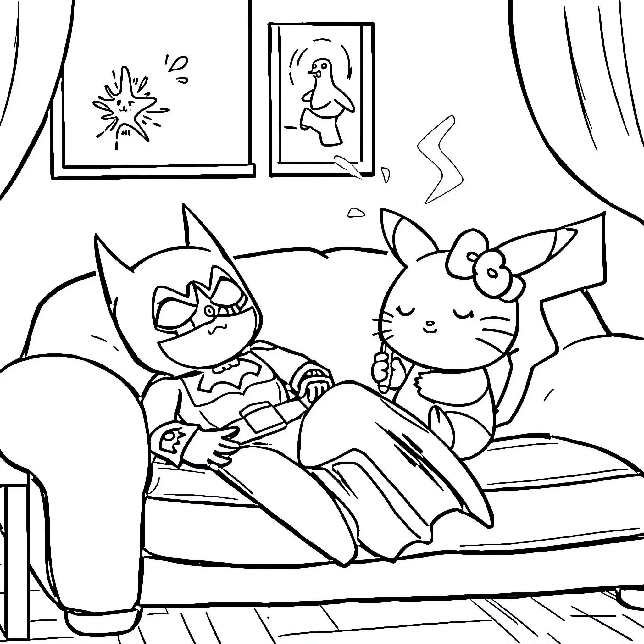 Batman and Kitty enjoying a cozy night in Coloring Page (free black-and-white line drawing printable PDF for all, from beginners to advanced learners, including children, teens, adults, and seniors)