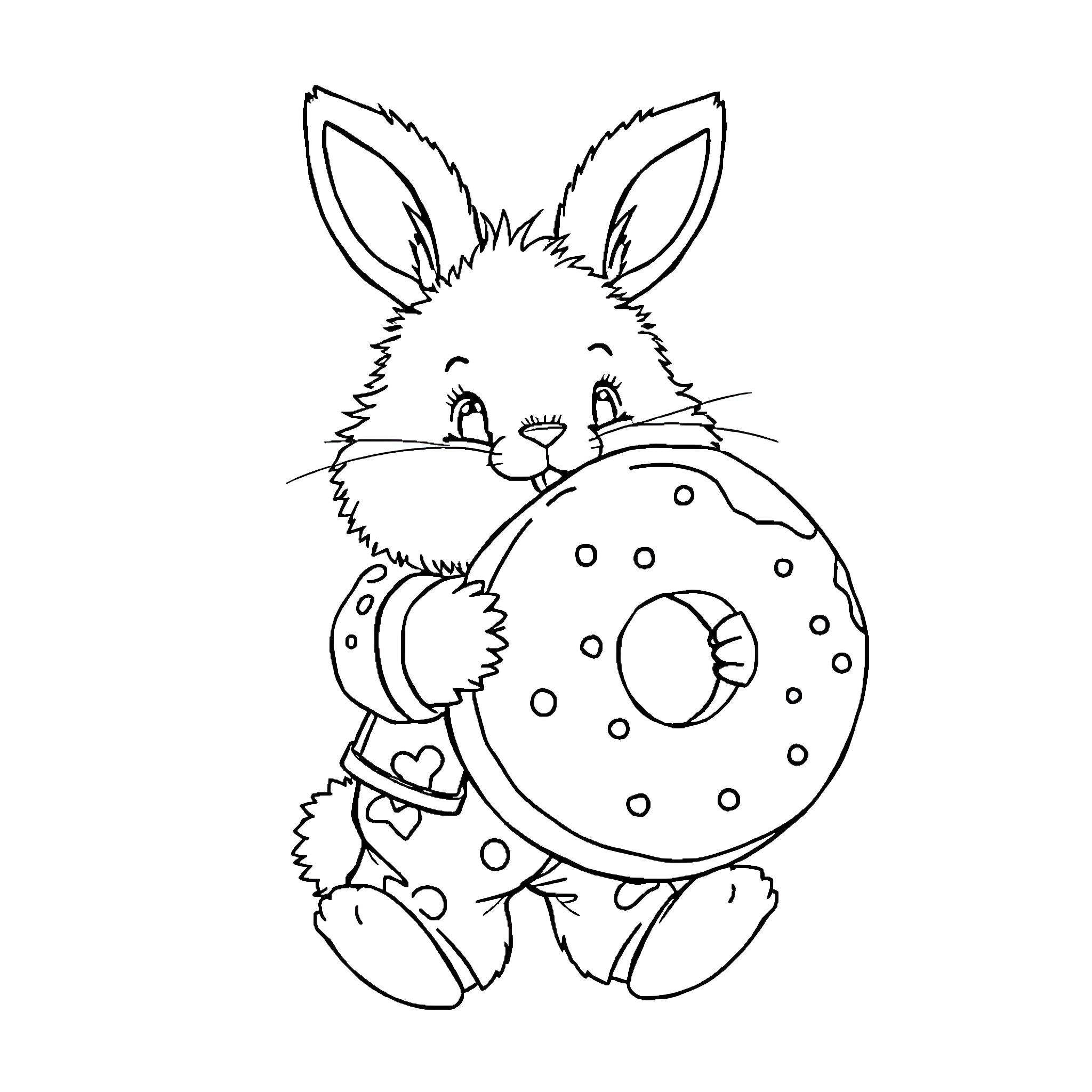 Bunny hugging and playing with a patterned donut Coloring Page (free black-and-white line drawing printable PDF for all, from beginners to advanced learners, including children, teens, adults, and seniors)