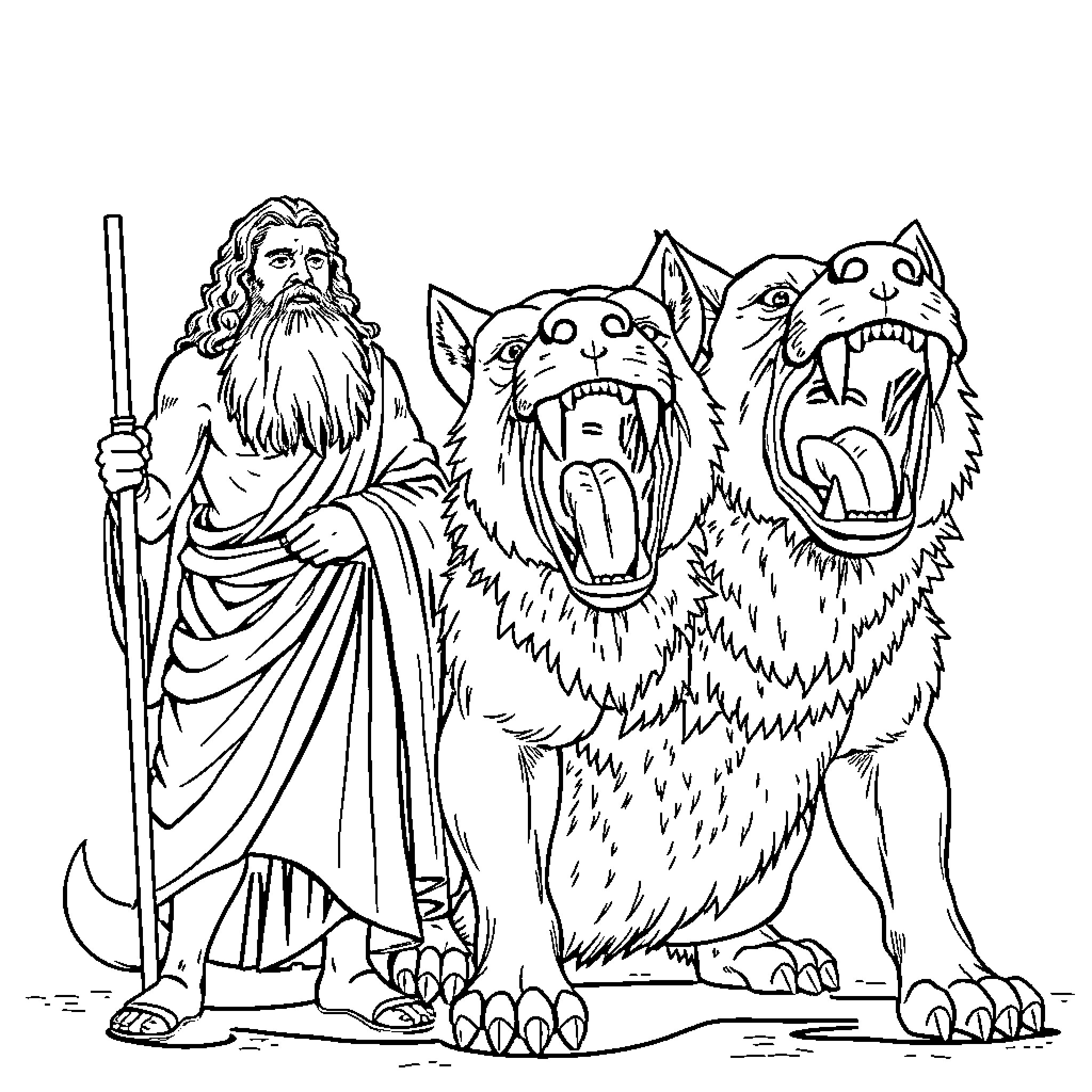 Euripides and the Wild Beasts Coloring Page (free black-and-white line drawing printable PDF for all, from beginners to advanced learners, including children, teens, adults, and seniors)