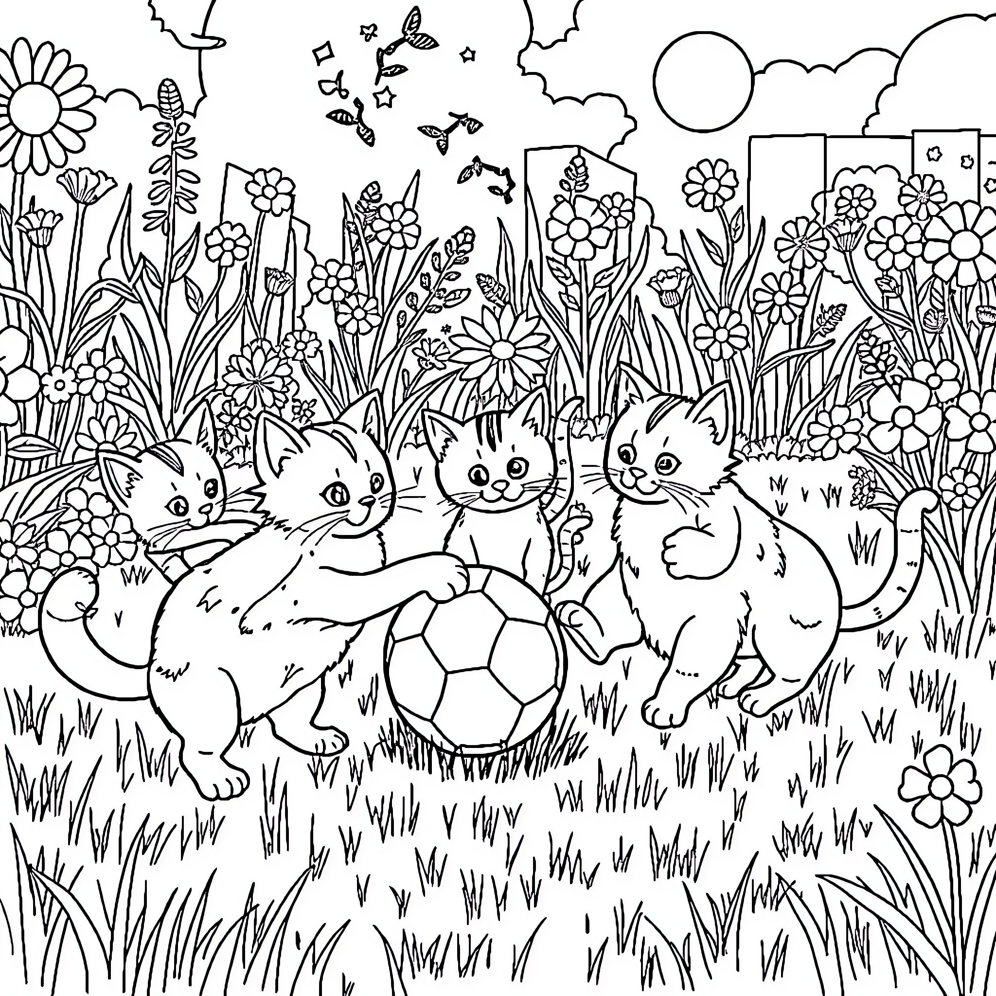 Cats playing with a ball in a floral garden Coloring Page (free black-and-white line drawing printable PDF for all, from beginners to advanced learners, including children, teens, adults, and seniors)