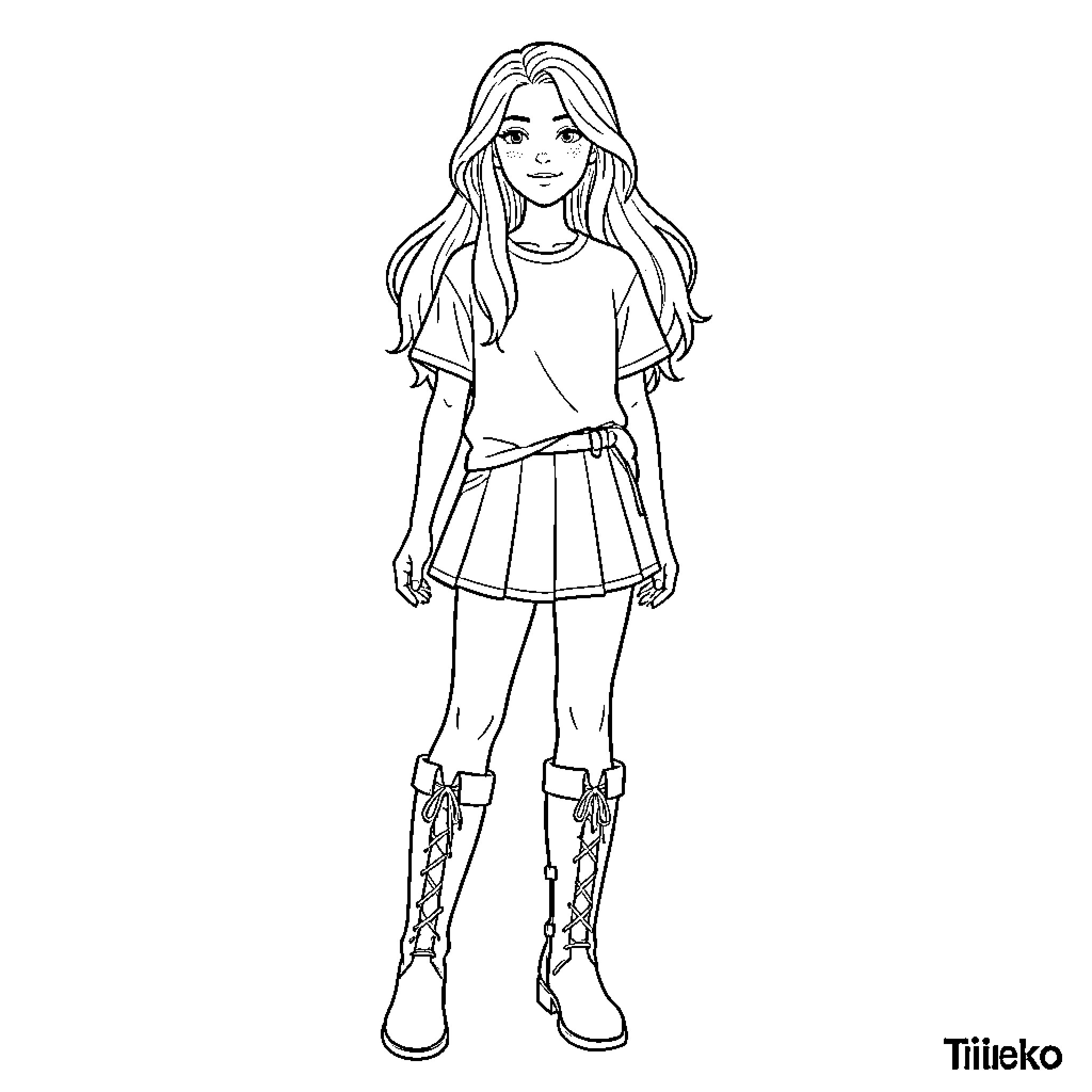 Girl in casual attire with long hair Coloring Page (free black-and-white line drawing printable PDF for all, from beginners to advanced learners, including children, teens, adults, and seniors)