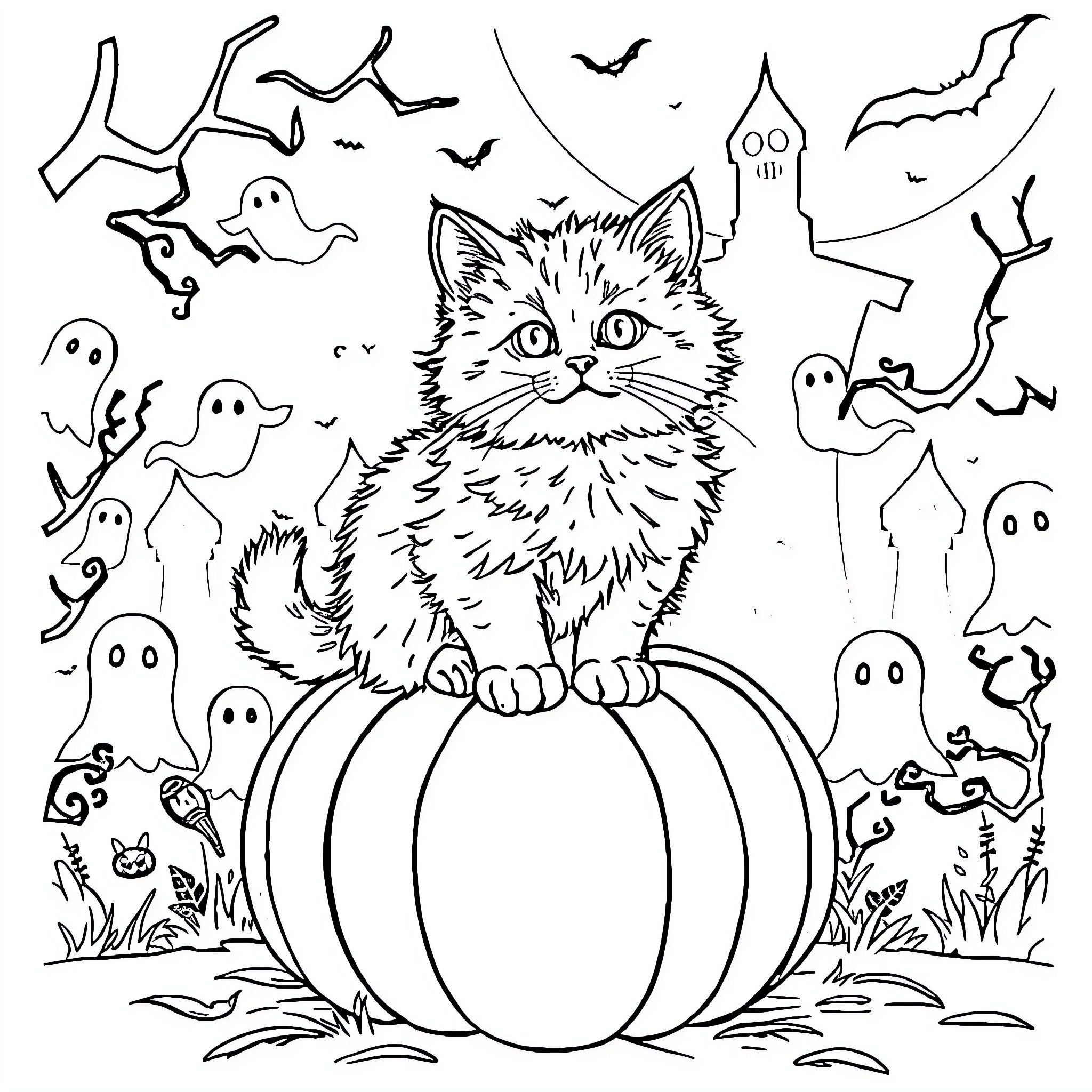 Cat sitting on a pumpkin surrounded by Halloween elements Coloring Page (free black-and-white line drawing printable PDF for all, from beginners to advanced learners, including children, teens, adults, and seniors)