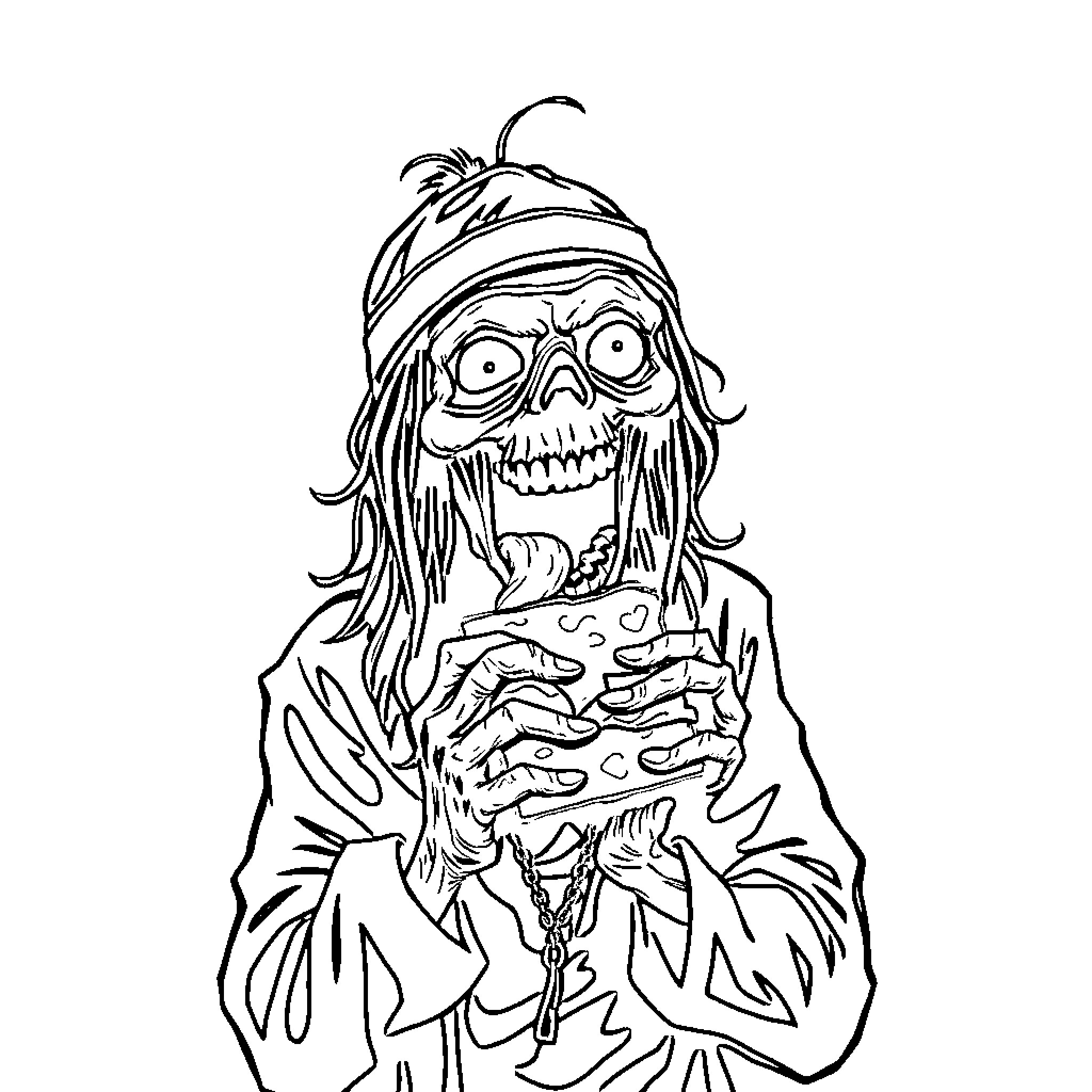 Zombie with Tattered Clothes Eating Brains Coloring Page (free black-and-white line drawing printable PDF for all, from beginners to advanced learners, including children, teens, adults, and seniors)
