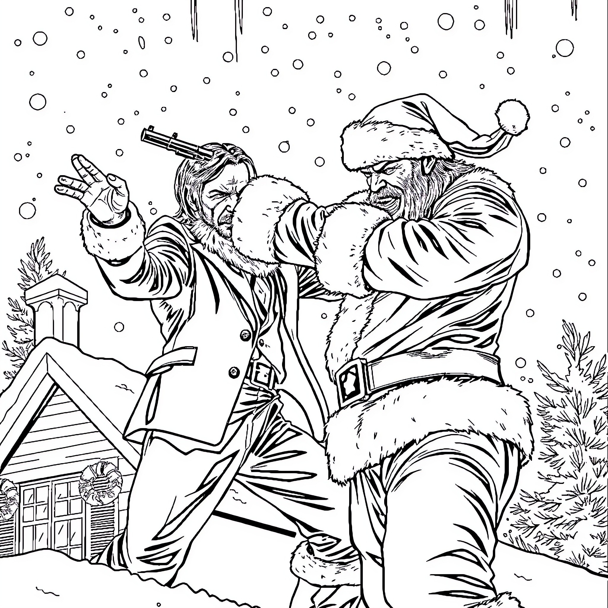 John Wick's Winter Showdown with Santa Coloring Page (free black-and-white line drawing printable PDF for all, from beginners to advanced learners, including children, teens, adults, and seniors)