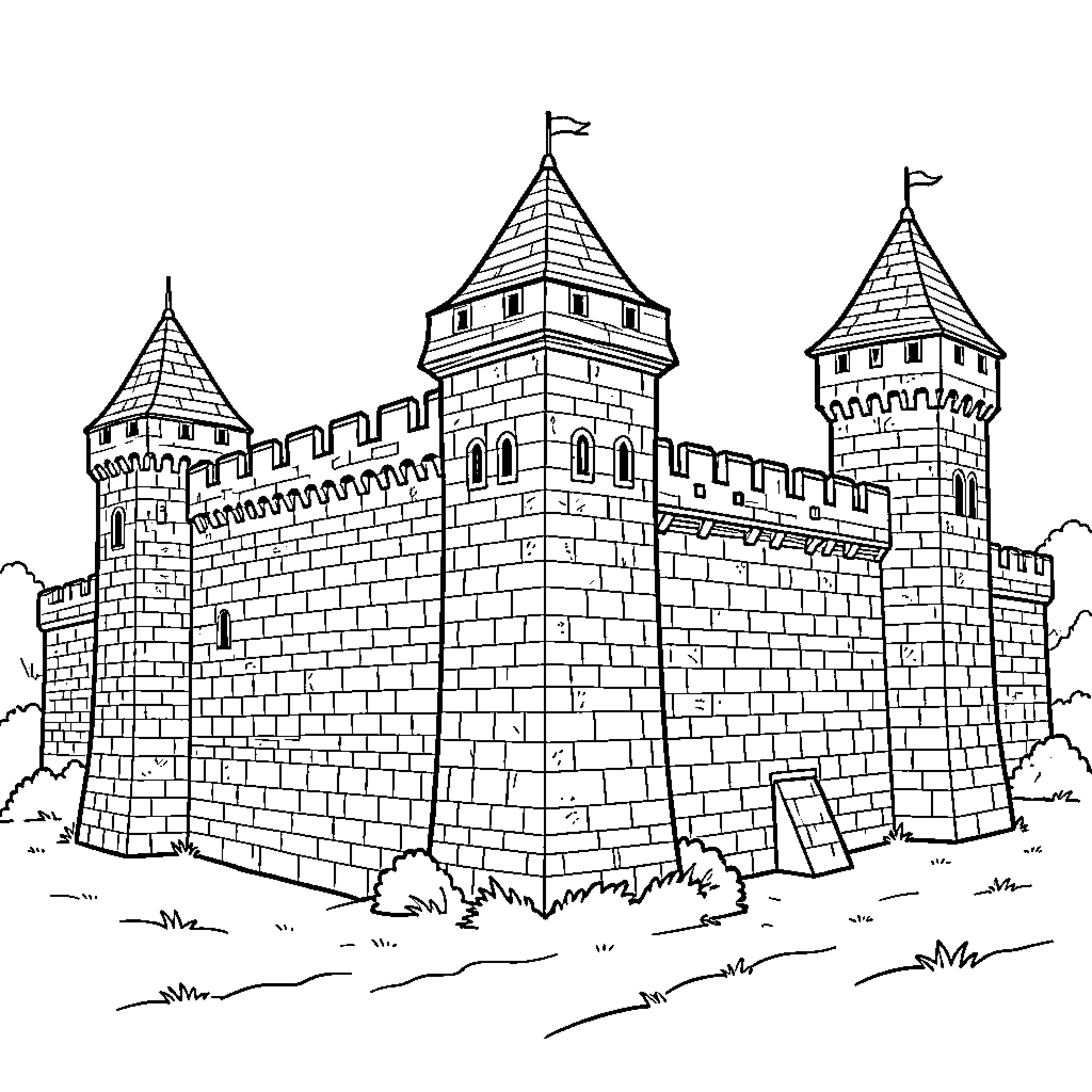 Castle standing tall with majestic towers and walls Coloring Page (free black-and-white line drawing printable PDF for all, from beginners to advanced learners, including children, teens, adults, and seniors)