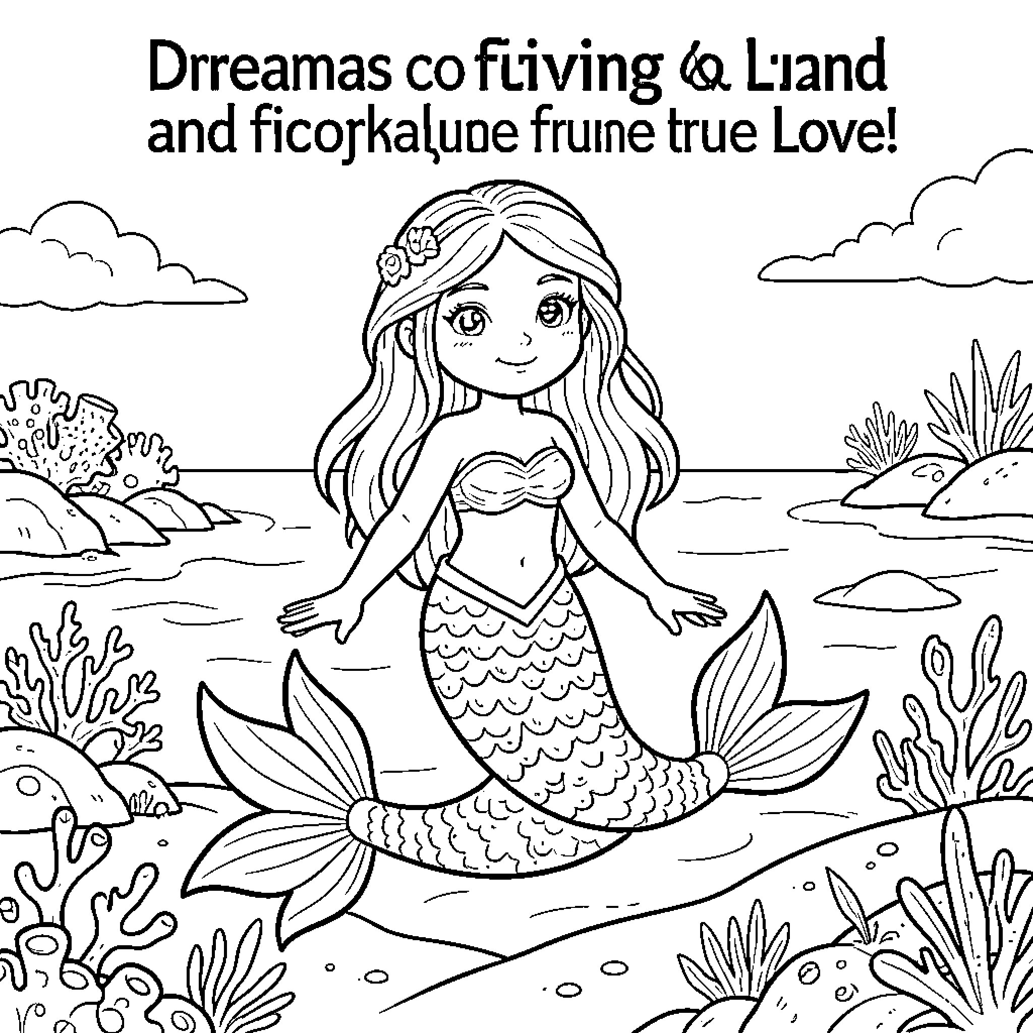 Mermaid smiling peacefully in an underwater coral reef Coloring Page (free black-and-white line drawing printable PDF for all, from beginners to advanced learners, including children, teens, adults, and seniors)