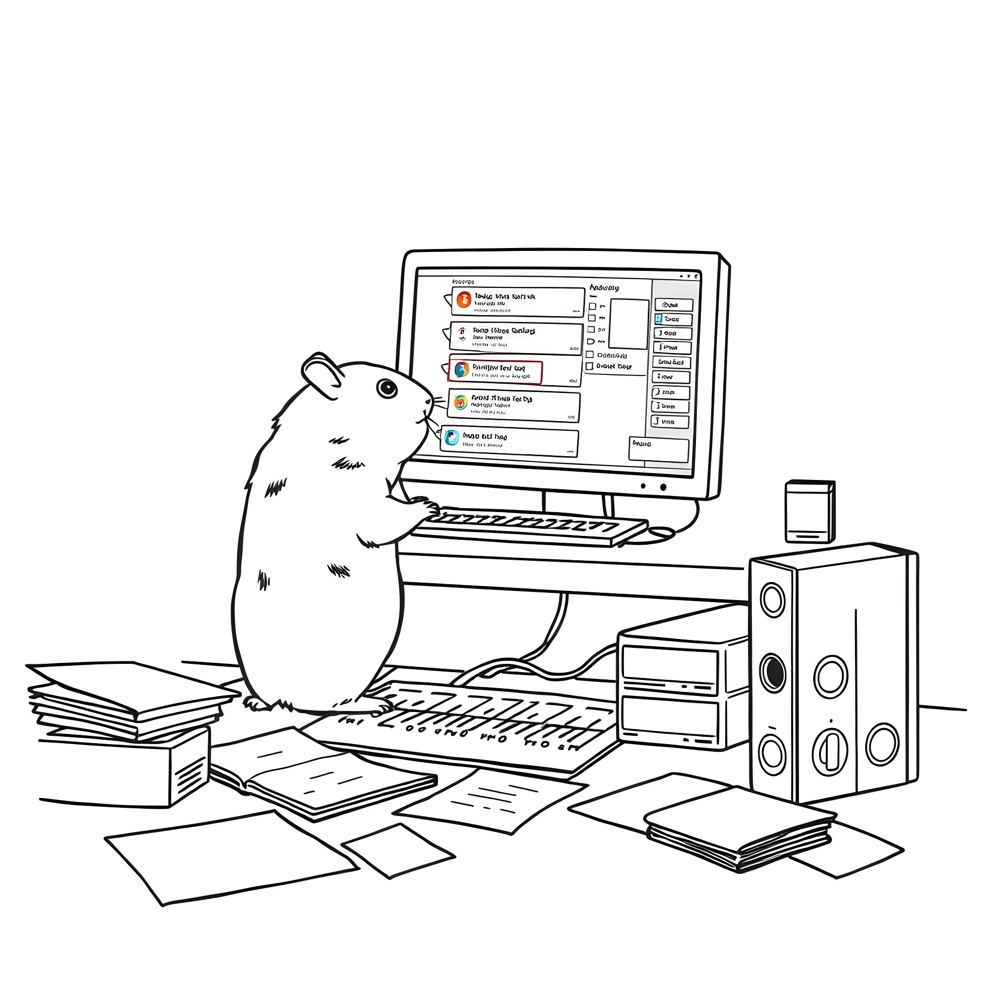 Hamster working diligently on computer at desk Coloring Page (free black-and-white line drawing printable PDF for all, from beginners to advanced learners, including children, teens, adults, and seniors)
