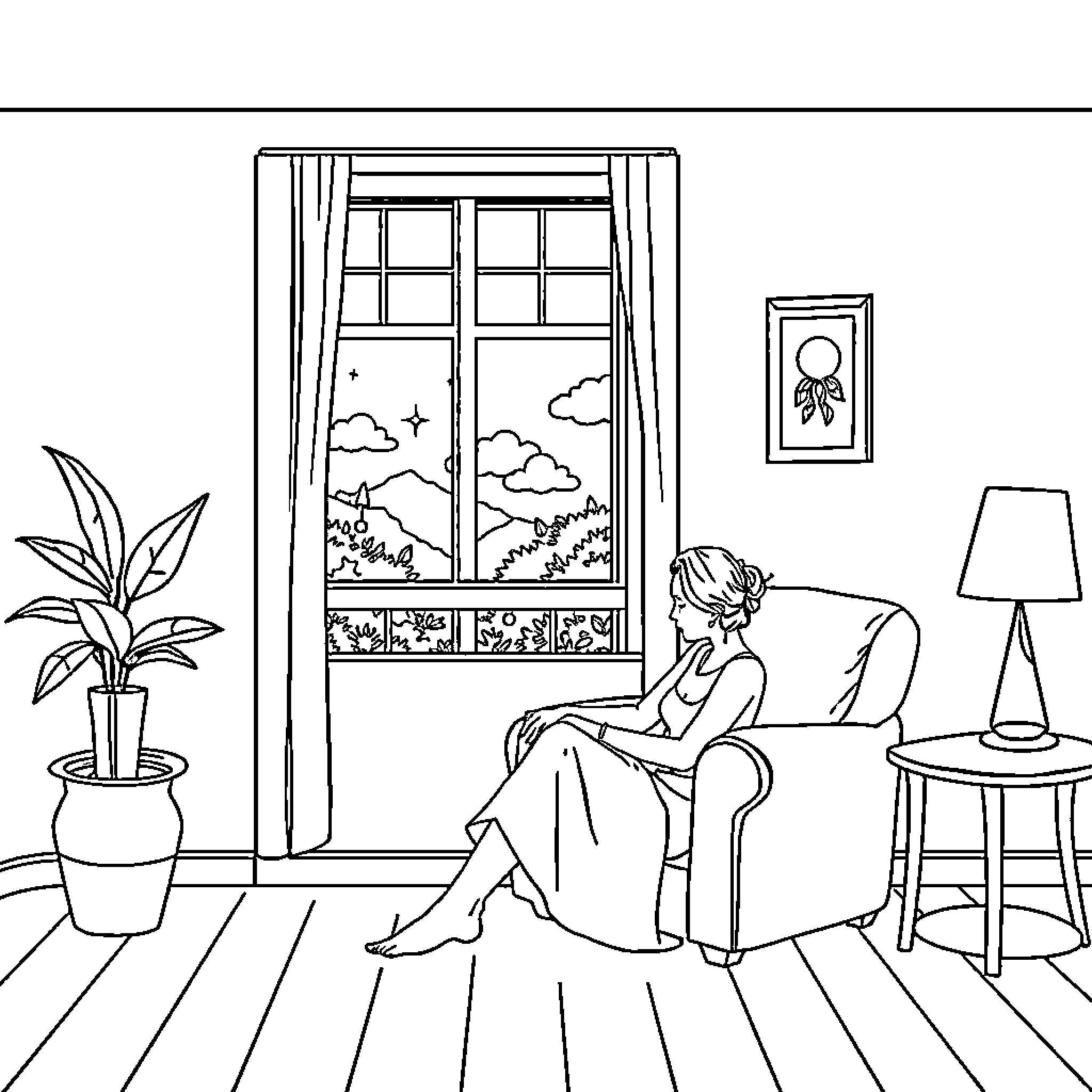 Mom relaxing in a cozy home setting Coloring Page (free black-and-white line drawing printable PDF for all, from beginners to advanced learners, including children, teens, adults, and seniors)