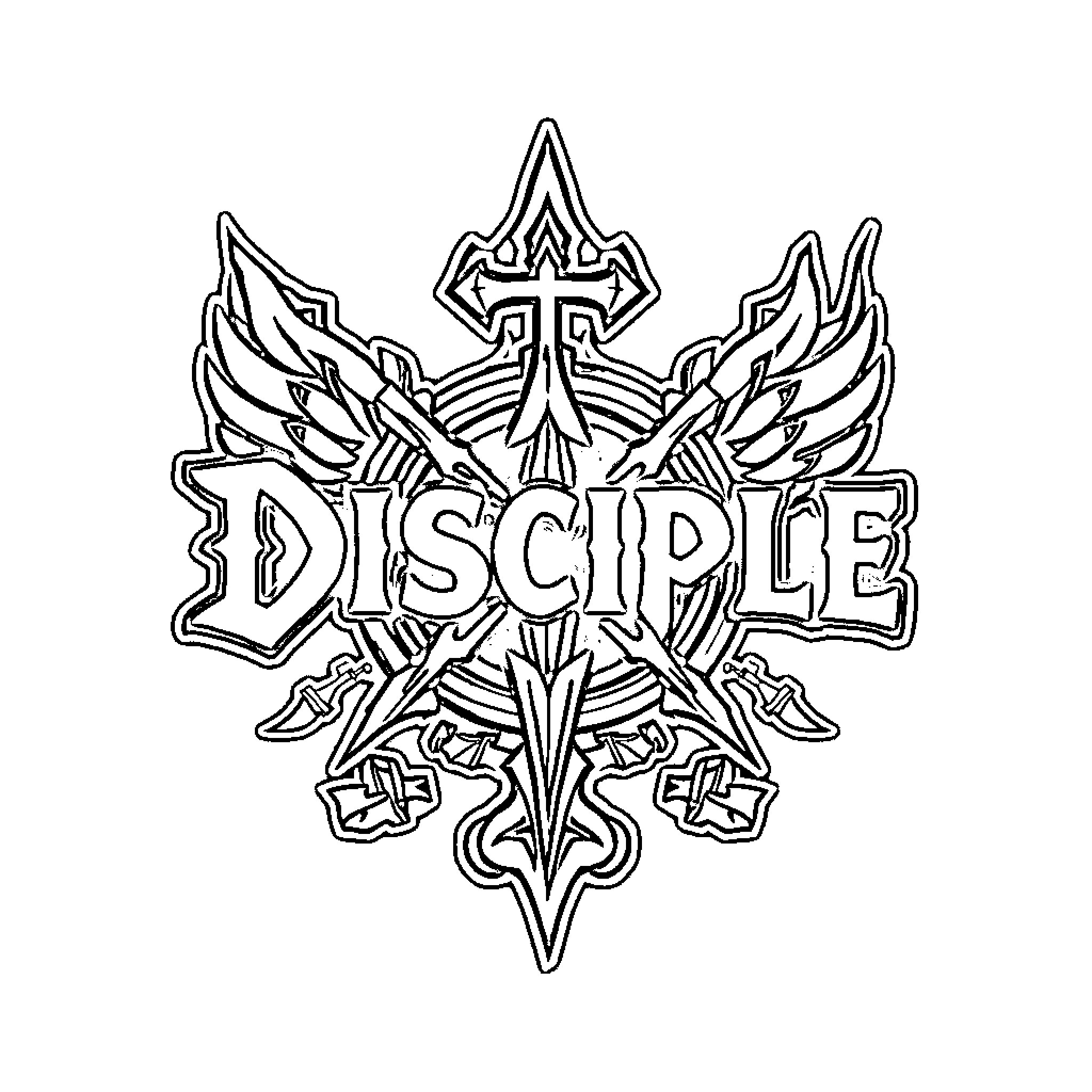 Disciple Emblem with Intricate Design Coloring Page (free black-and-white line drawing printable PDF for all, from beginners to advanced learners, including children, teens, adults, and seniors)