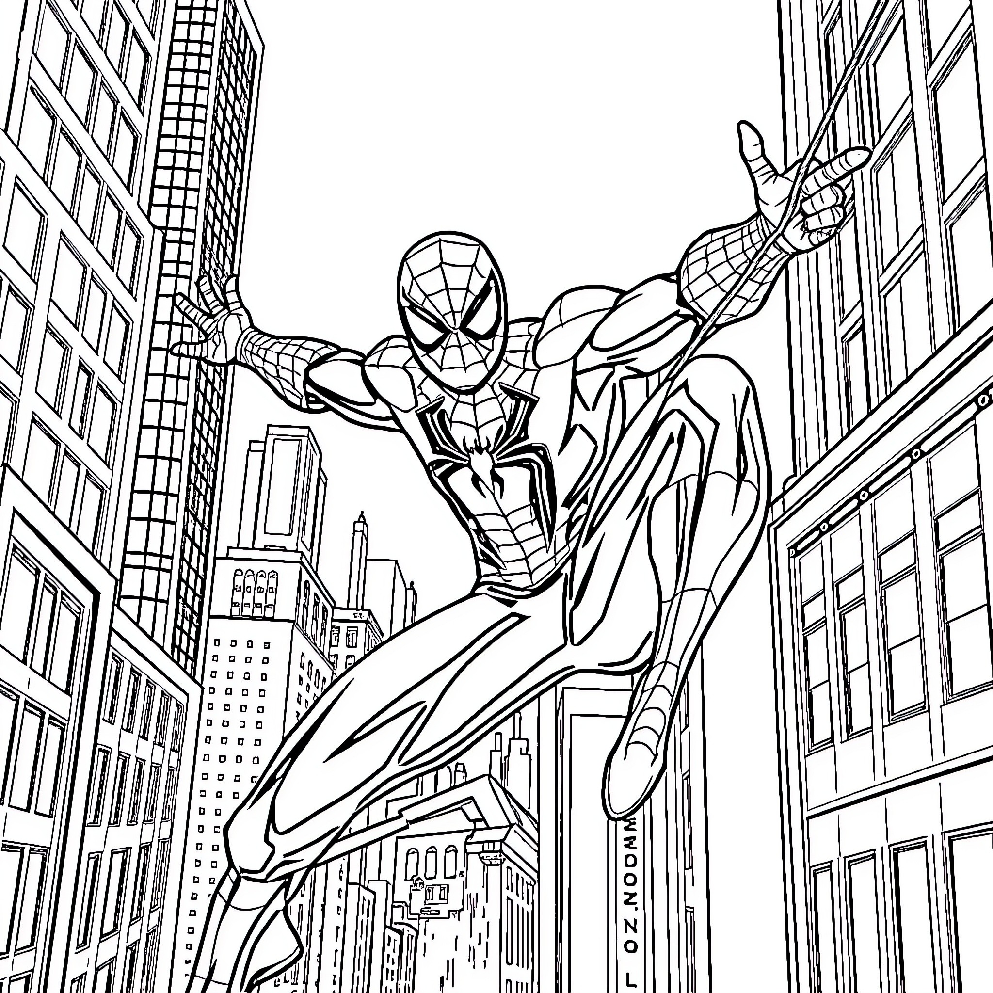 Spiderman swinging through the city skyline Coloring Page (free black-and-white line drawing printable PDF for all, from beginners to advanced learners, including children, teens, adults, and seniors)