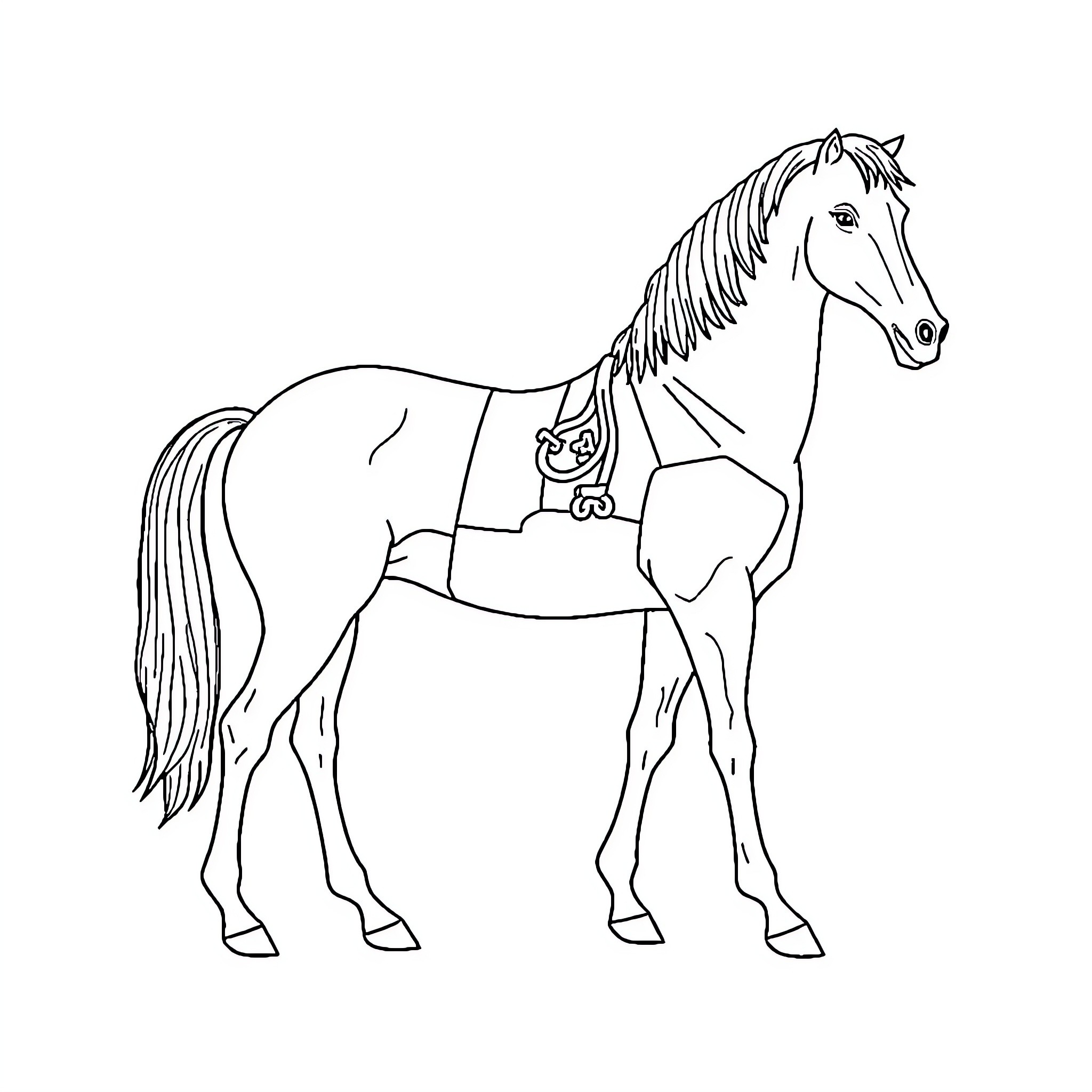 Horse standing with decorative saddle Coloring Page (free black-and-white line drawing printable PDF for all, from beginners to advanced learners, including children, teens, adults, and seniors)
