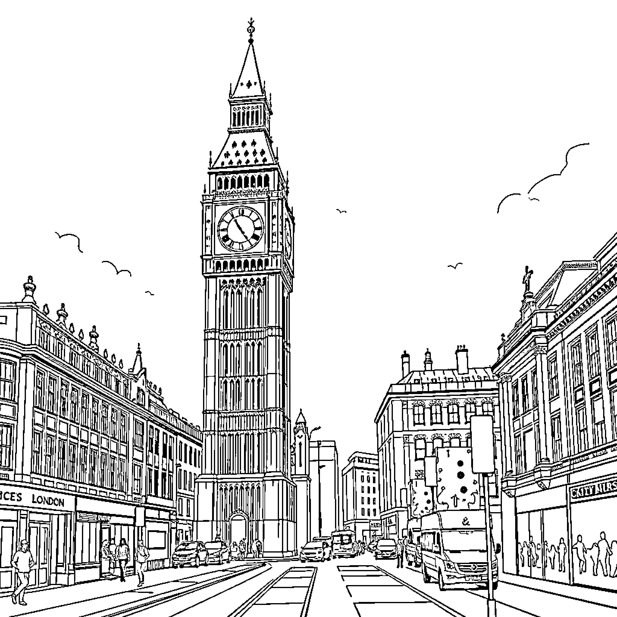 Big Ben and London cityscape with pedestrians Coloring Page (free black-and-white line drawing printable PDF for all, from beginners to advanced learners, including children, teens, adults, and seniors)