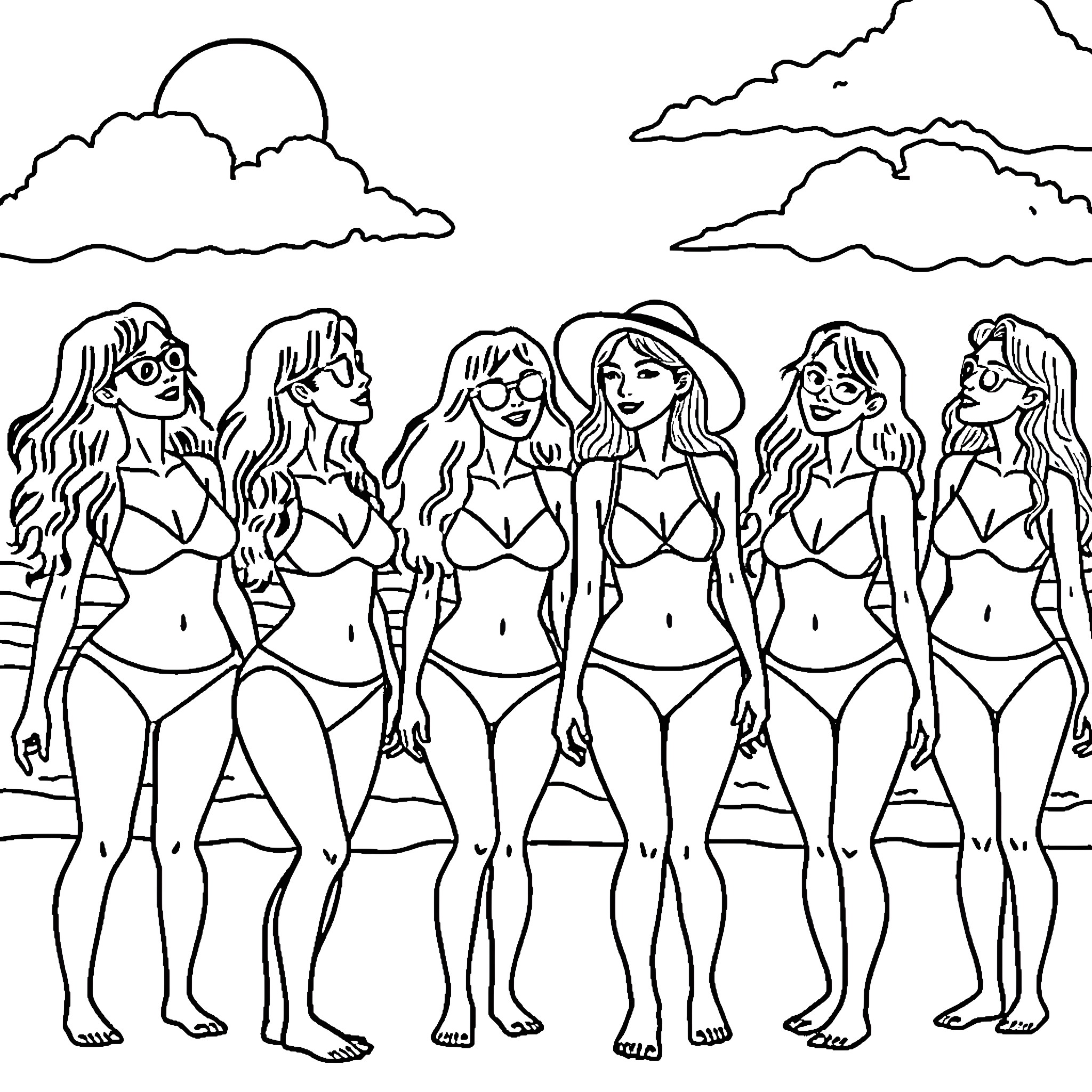 Girls enjoying a day at the beach Coloring Page (free black-and-white line drawing printable PDF for all, from beginners to advanced learners, including children, teens, adults, and seniors)