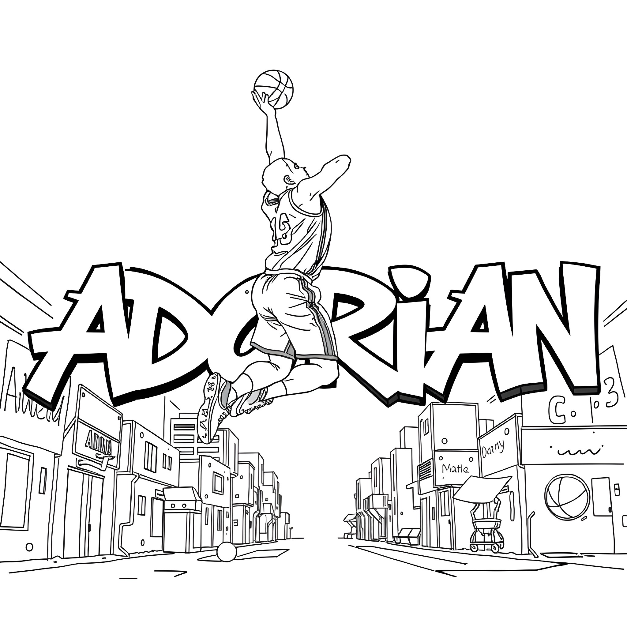 Adorian basketball player dunking on cityscape Coloring Page (free black-and-white line drawing printable PDF for all, from beginners to advanced learners, including children, teens, adults, and seniors)