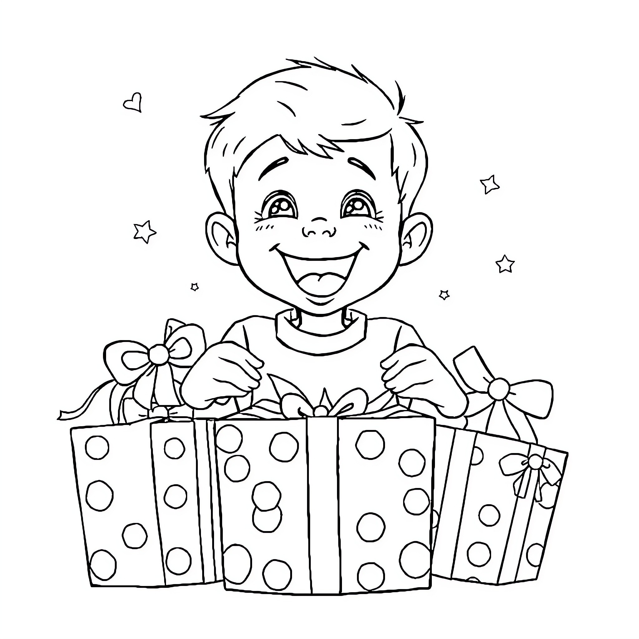 Boy excitedly unwrapping gifts surrounded by stars Coloring Page (free black-and-white line drawing printable PDF for all, from beginners to advanced learners, including children, teens, adults, and seniors)