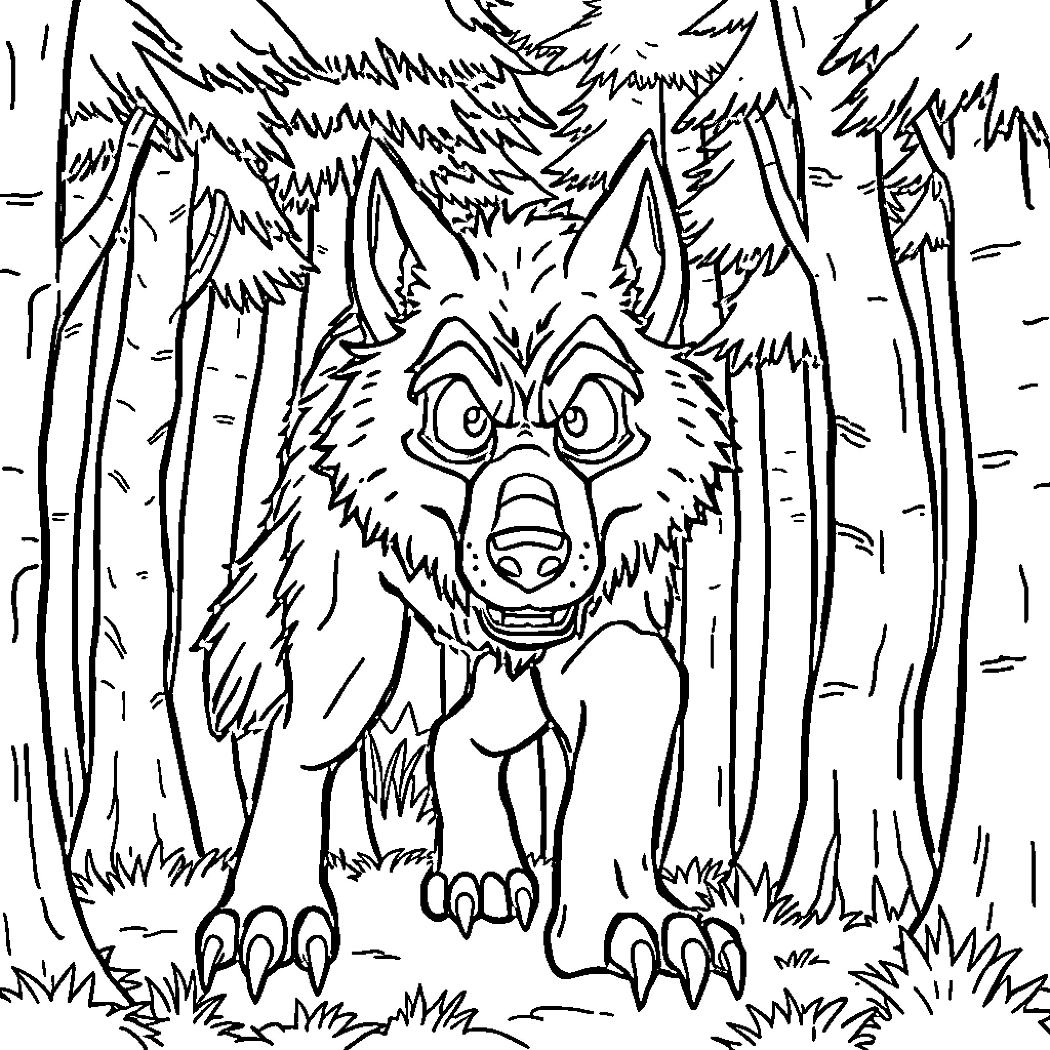 Werewolf growling in the dark forest Coloring Page (free black-and-white line drawing printable PDF for all, from beginners to advanced learners, including children, teens, adults, and seniors)