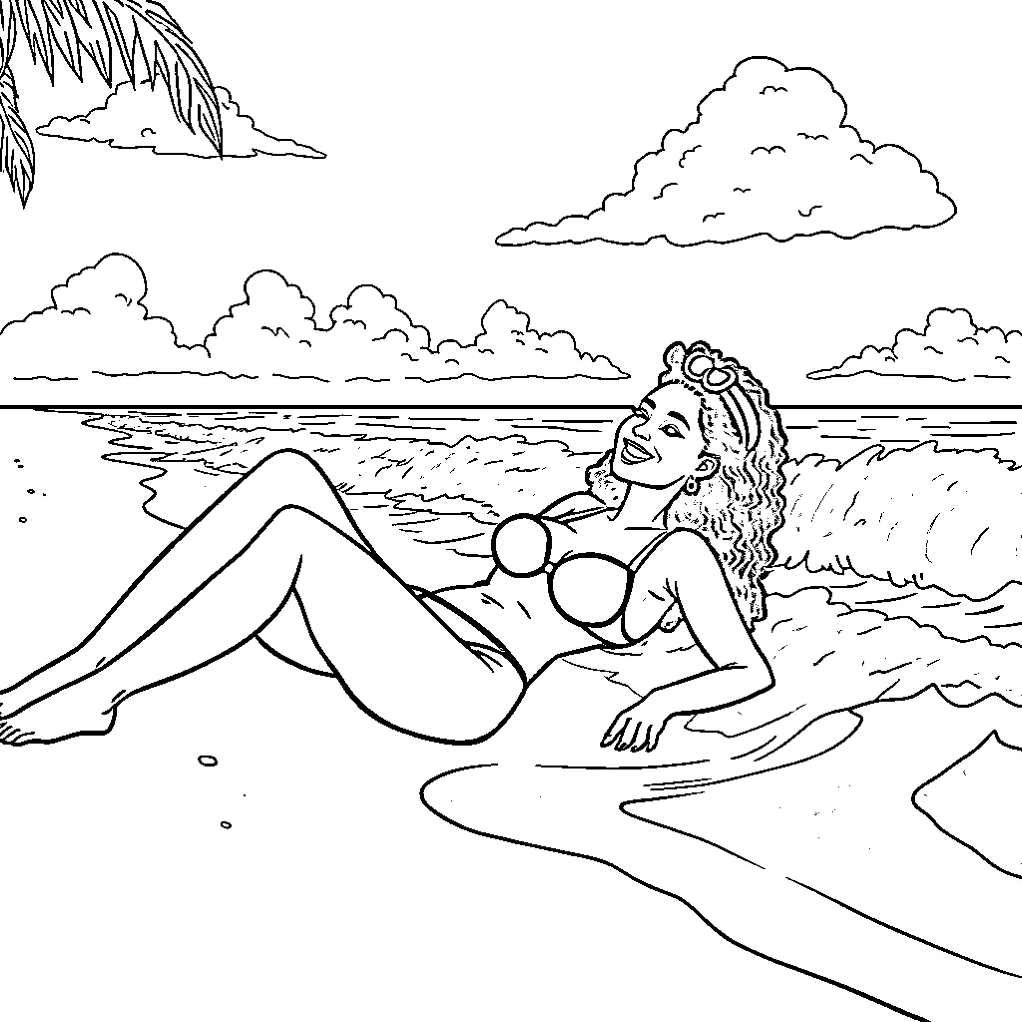 Woman relaxing on the beach Coloring Page (free black-and-white line drawing printable PDF for all, from beginners to advanced learners, including children, teens, adults, and seniors)