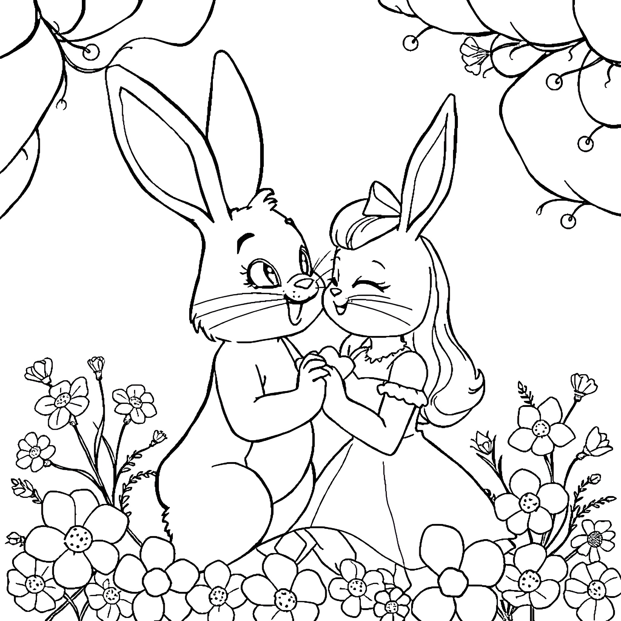 Lola Bunny and Bugs Bunny embracing in a floral garden Coloring Page (free black-and-white line drawing printable PDF for all, from beginners to advanced learners, including children, teens, adults, and seniors)