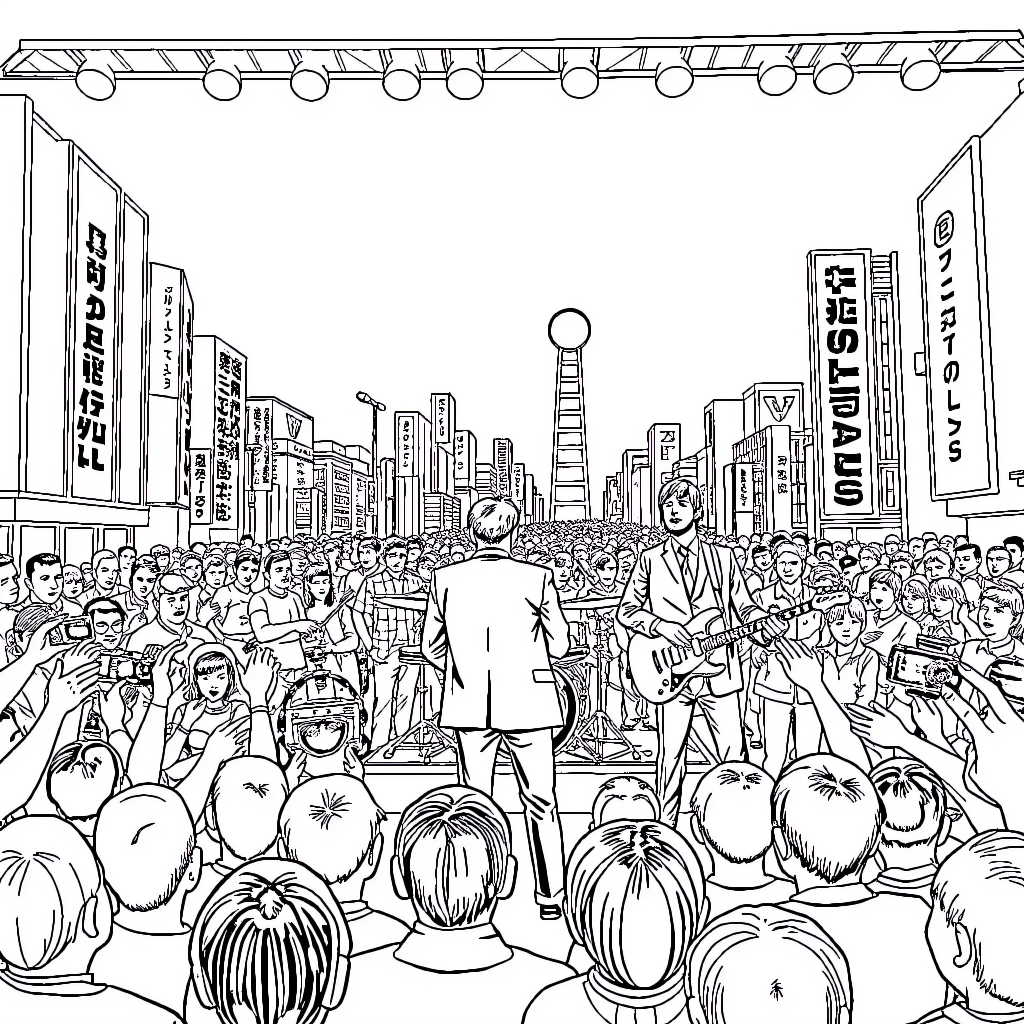Beatles performing on a crowded city street Coloring Page (free black-and-white line drawing printable PDF for all, from beginners to advanced learners, including children, teens, adults, and seniors)
