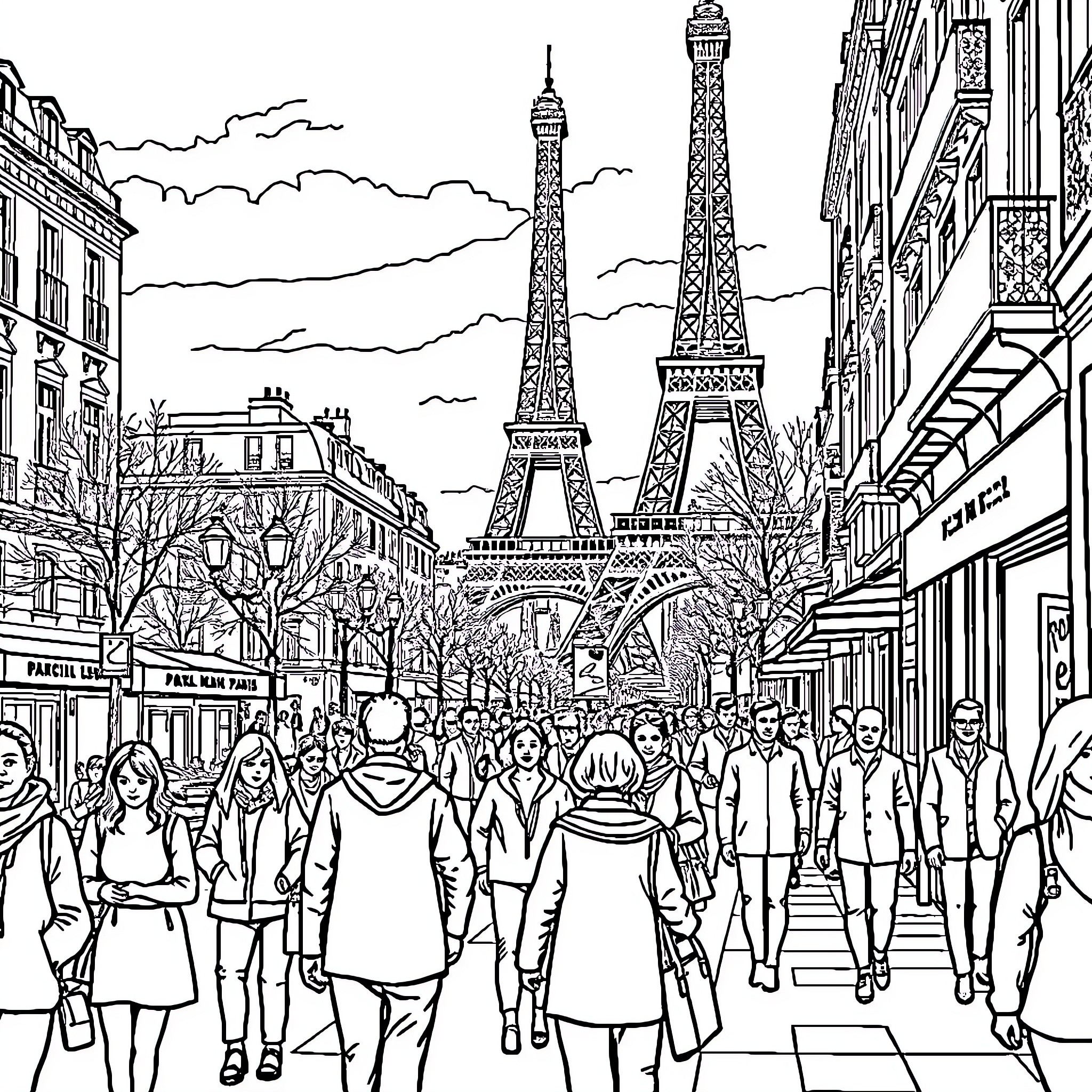 Paris Street Scene with Eiffel Tower and Bustling Crowd Coloring Page (free black-and-white line drawing printable PDF for all, from beginners to advanced learners, including children, teens, adults, and seniors)