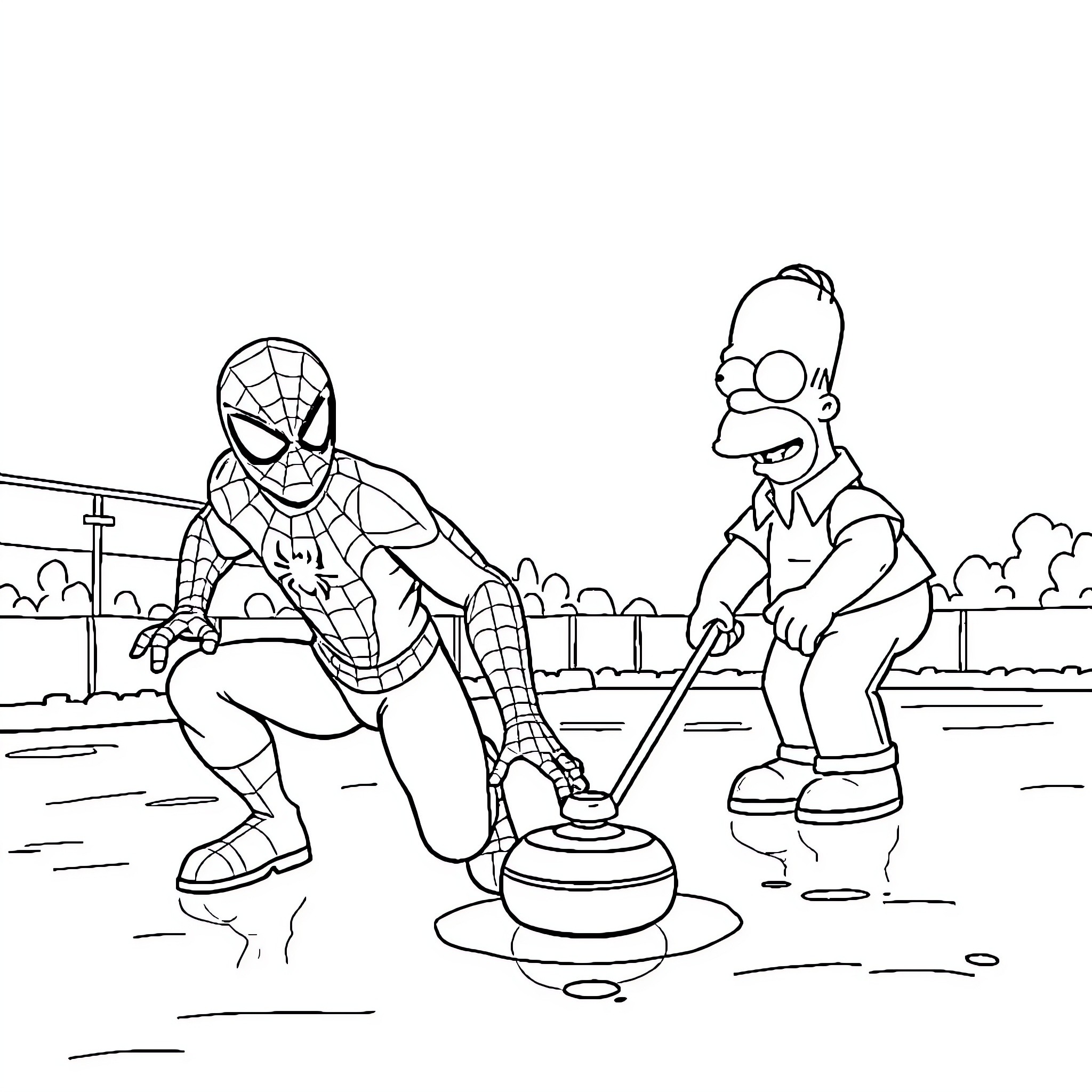 Spiderman and Homer playing together in the park Coloring Page (free black-and-white line drawing printable PDF for all, from beginners to advanced learners, including children, teens, adults, and seniors)