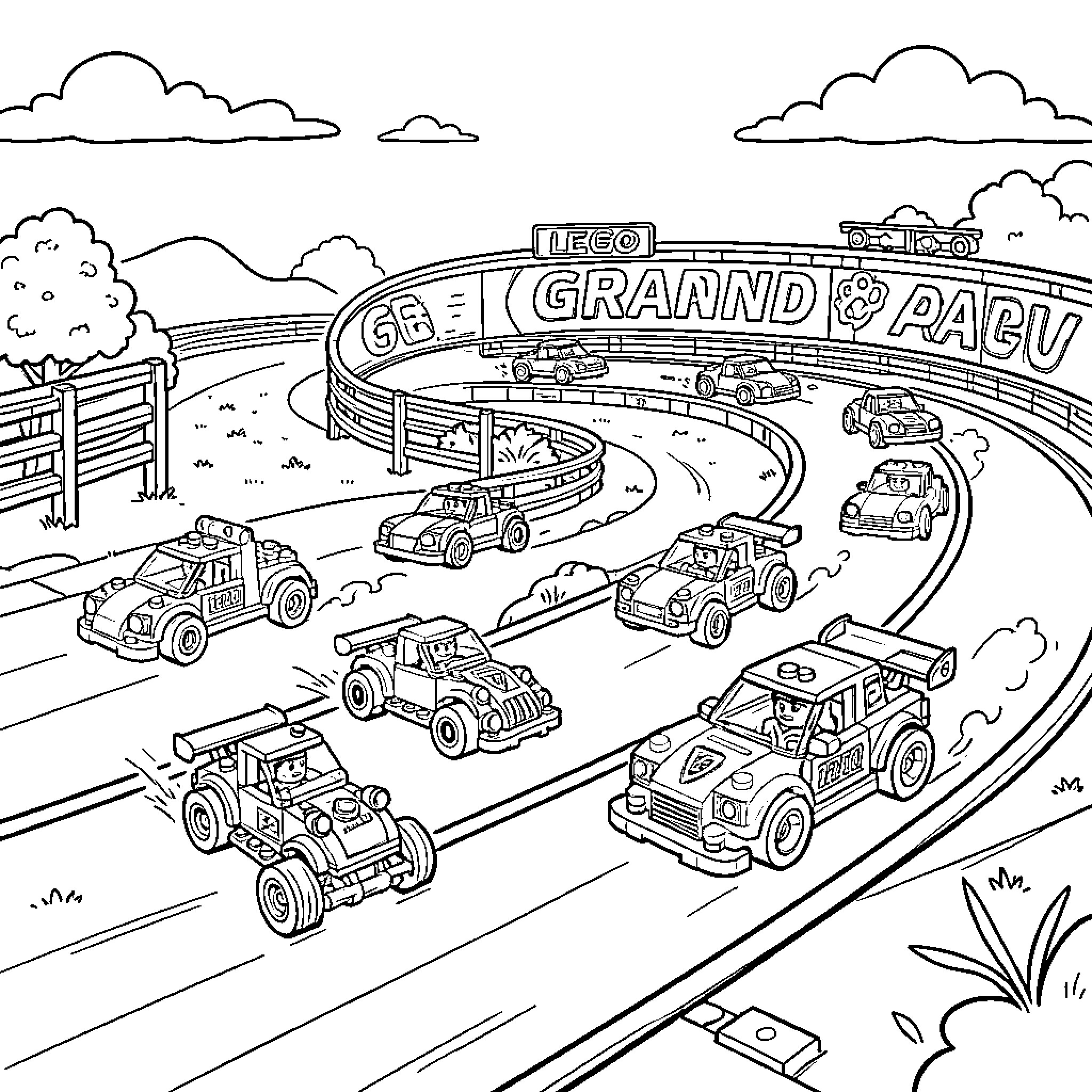 Lego vehicles racing on Grand Prix track Coloring Page (free black-and-white line drawing printable PDF for all, from beginners to advanced learners, including children, teens, adults, and seniors)