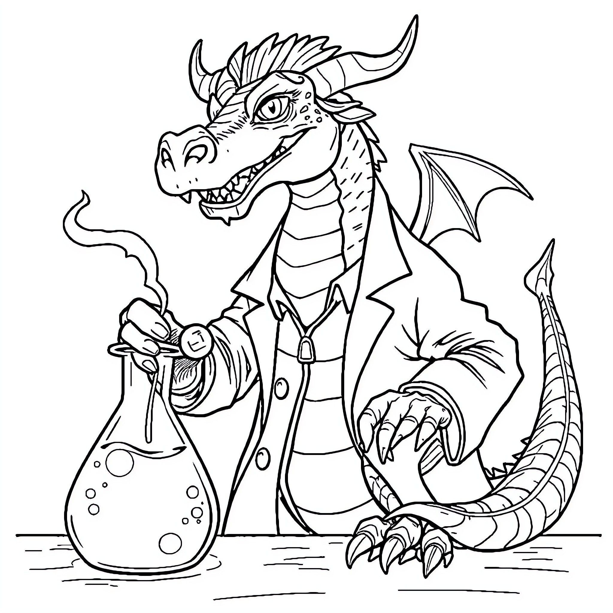 Dragon scientist conducting experiment in lab Coloring Page (free black-and-white line drawing printable PDF for all, from beginners to advanced learners, including children, teens, adults, and seniors)