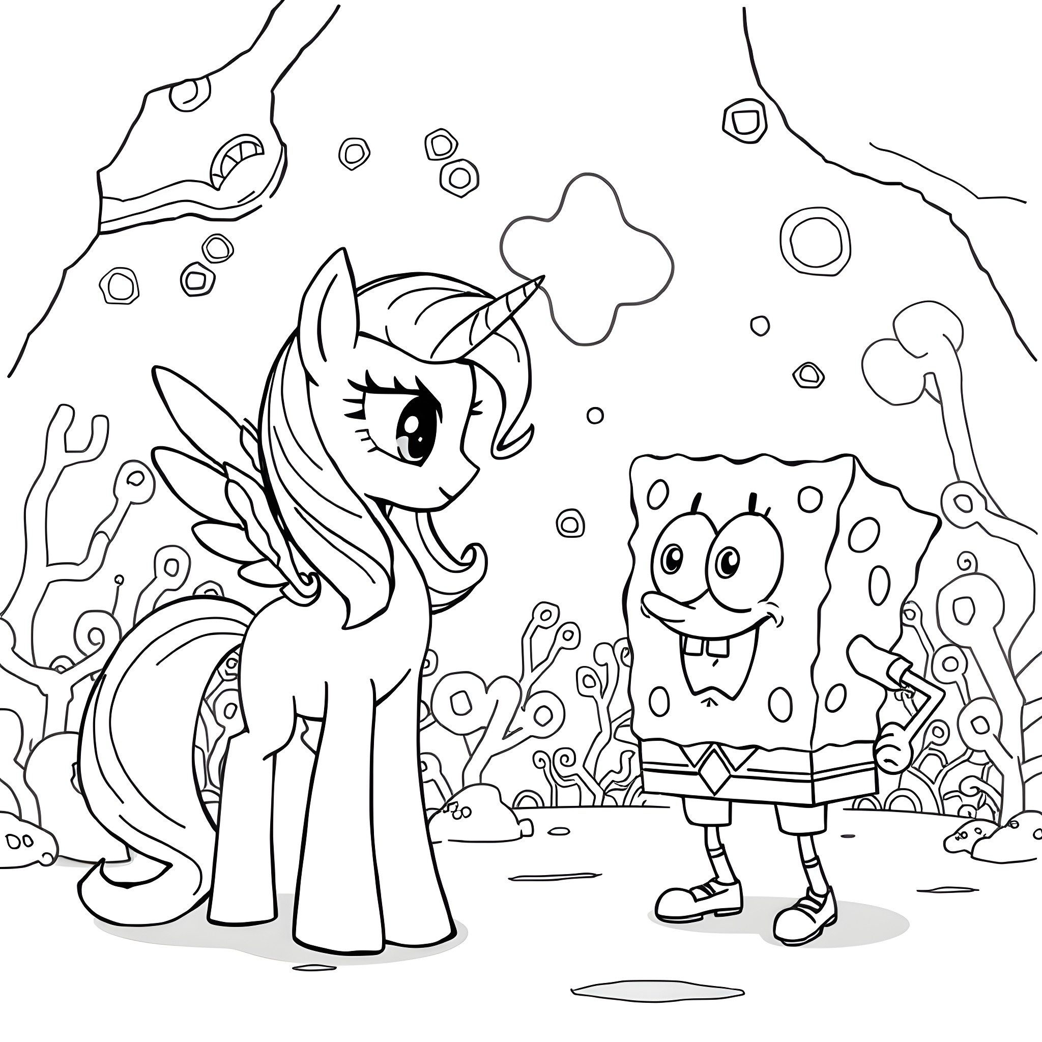 Twilight Sparkle and SpongeBob in Underwater Adventure Coloring Page (free black-and-white line drawing printable PDF for all, from beginners to advanced learners, including children, teens, adults, and seniors)