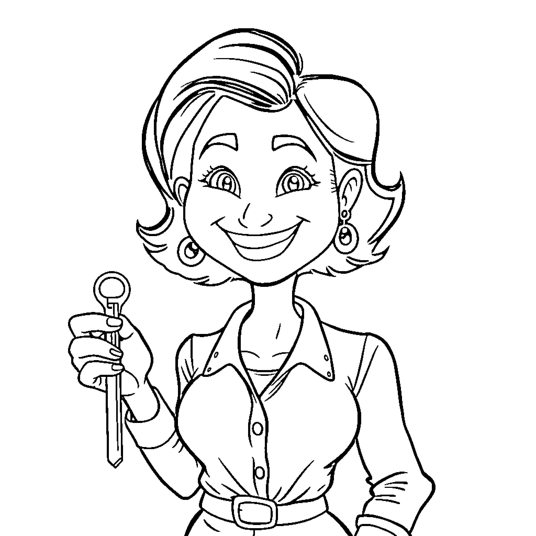 Mother smiling and holding a tool happily Coloring Page (free black-and-white line drawing printable PDF for all, from beginners to advanced learners, including children, teens, adults, and seniors)