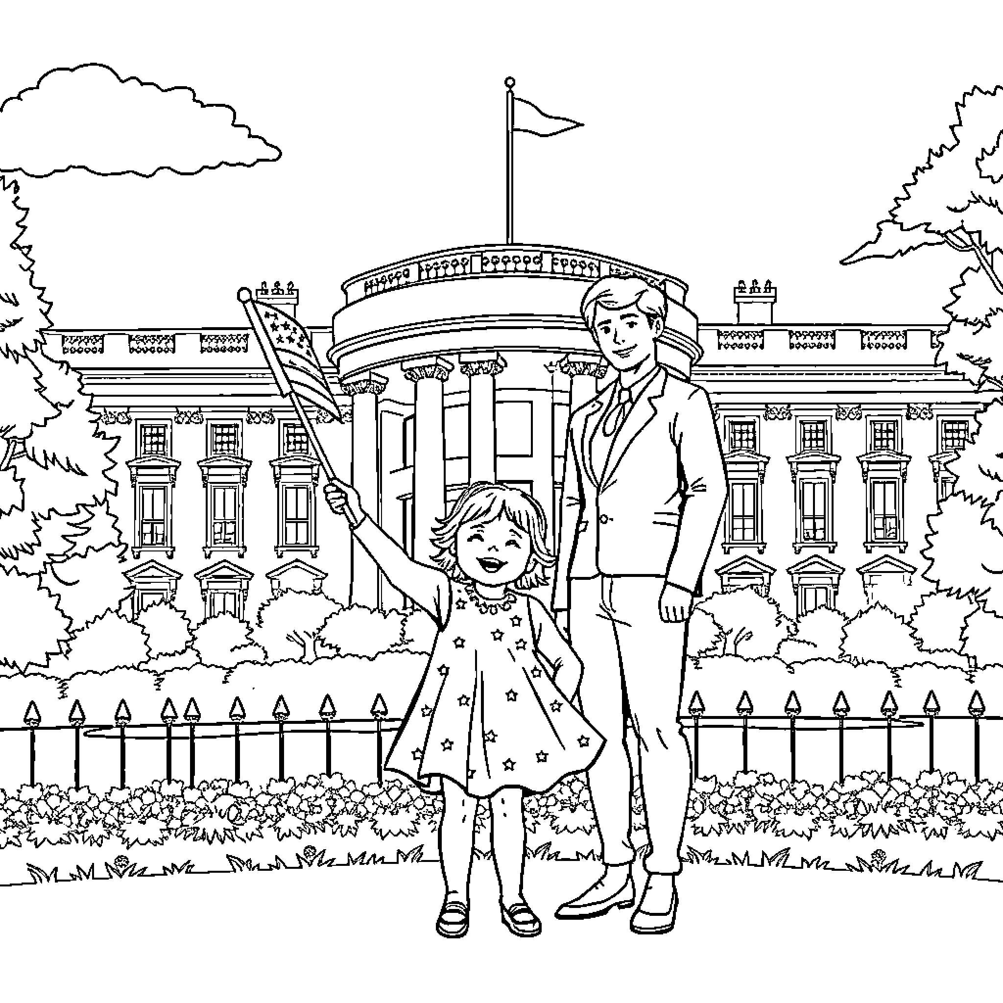 Child and adult enjoying outdoor scene near historic building Coloring Page (free black-and-white line drawing printable PDF for all, from beginners to advanced learners, including children, teens, adults, and seniors)