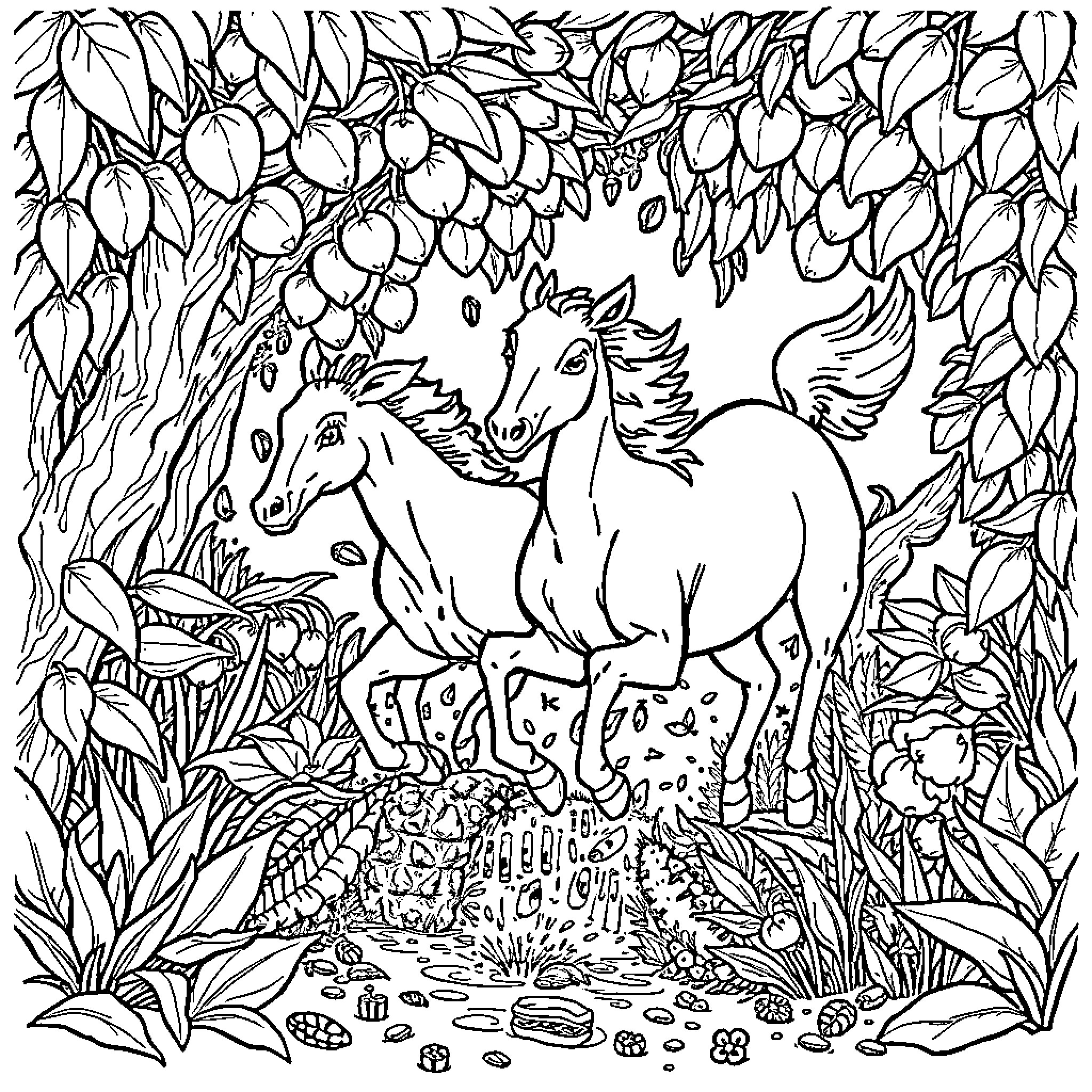 Frog and Horses Frolicking in the Garden Coloring Page (free black-and-white line drawing printable PDF for all, from beginners to advanced learners, including children, teens, adults, and seniors)