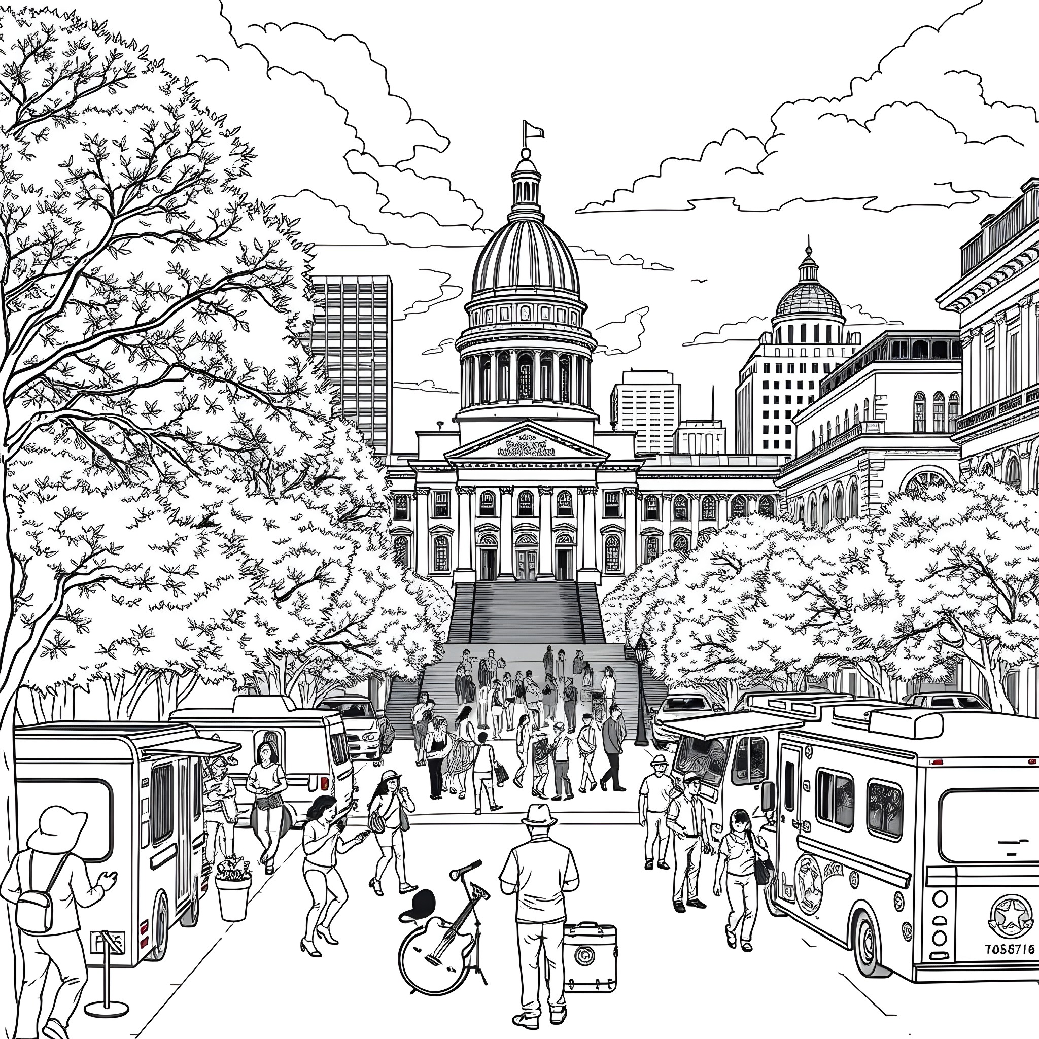 Austin's Bustling City Center with Historic Capitol Building Coloring Page (free black-and-white line drawing printable PDF for all, from beginners to advanced learners, including children, teens, adults, and seniors)