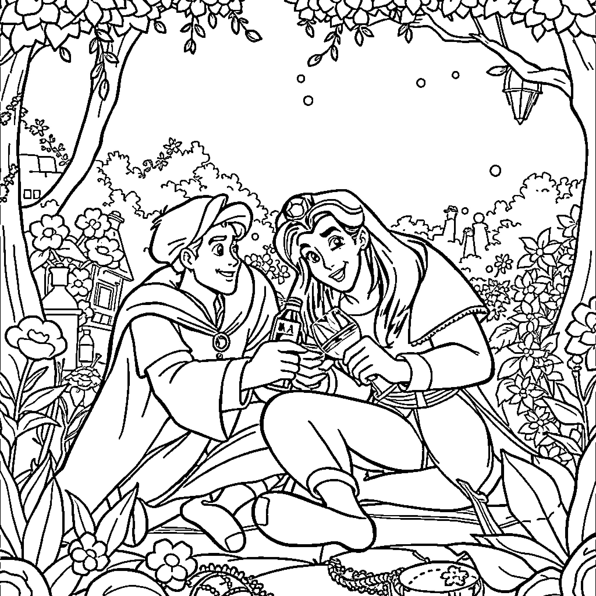 Disney Prince and Princess in Romantic Outdoor Scene Coloring Page (free black-and-white line drawing printable PDF for all, from beginners to advanced learners, including children, teens, adults, and seniors)