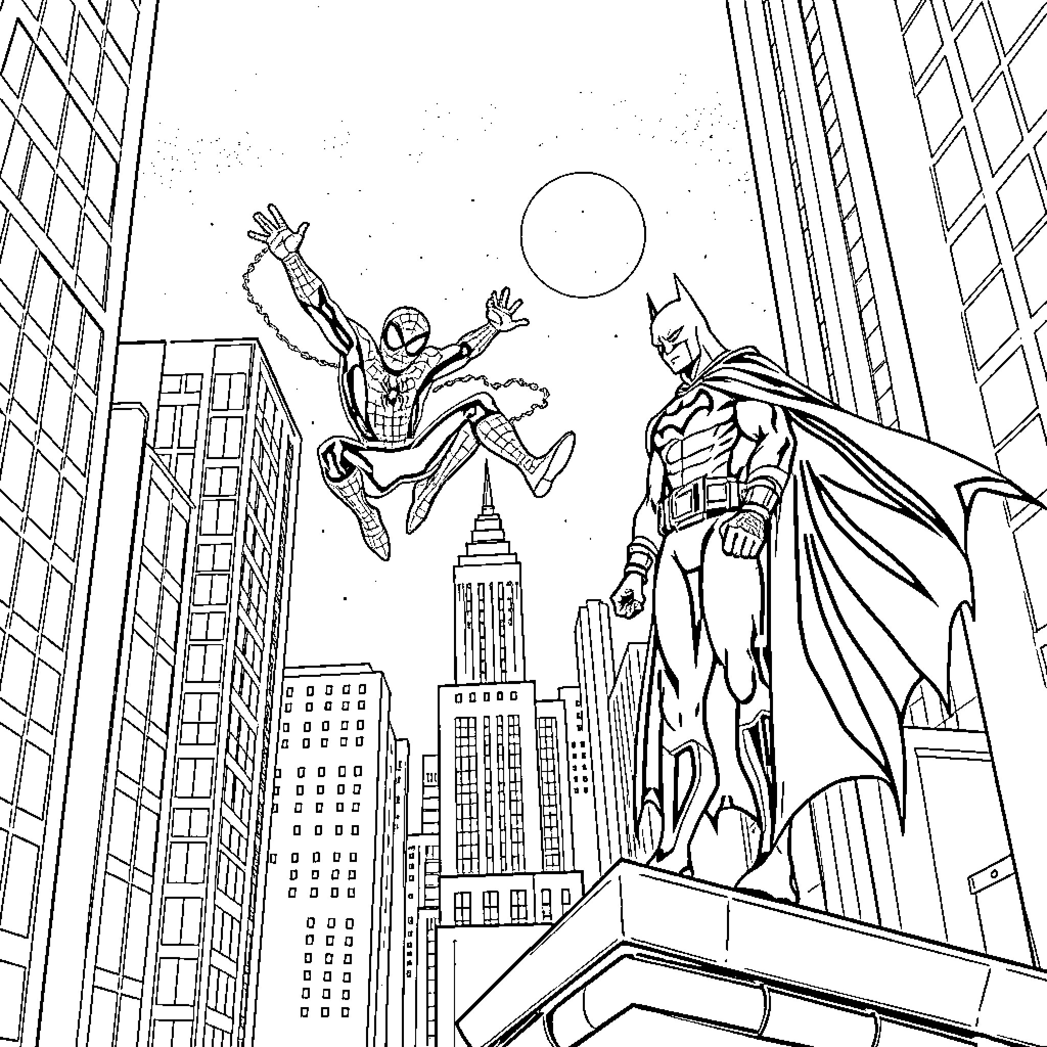 Spider-Man and Batman battle in the city Coloring Page (free black-and-white line drawing printable PDF for all, from beginners to advanced learners, including children, teens, adults, and seniors)