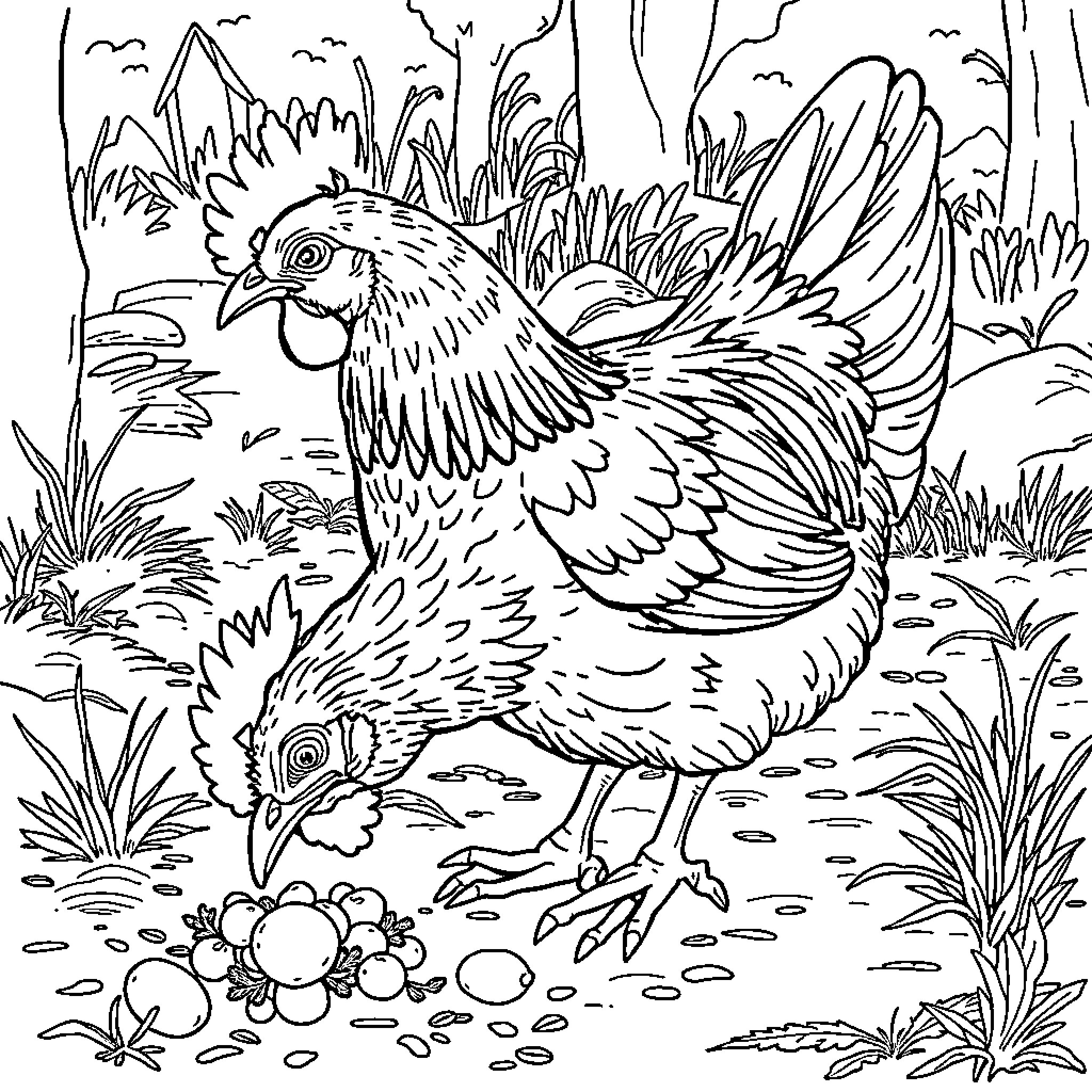 Hen exploring lush nature surroundings Coloring Page (free black-and-white line drawing printable PDF for all, from beginners to advanced learners, including children, teens, adults, and seniors)