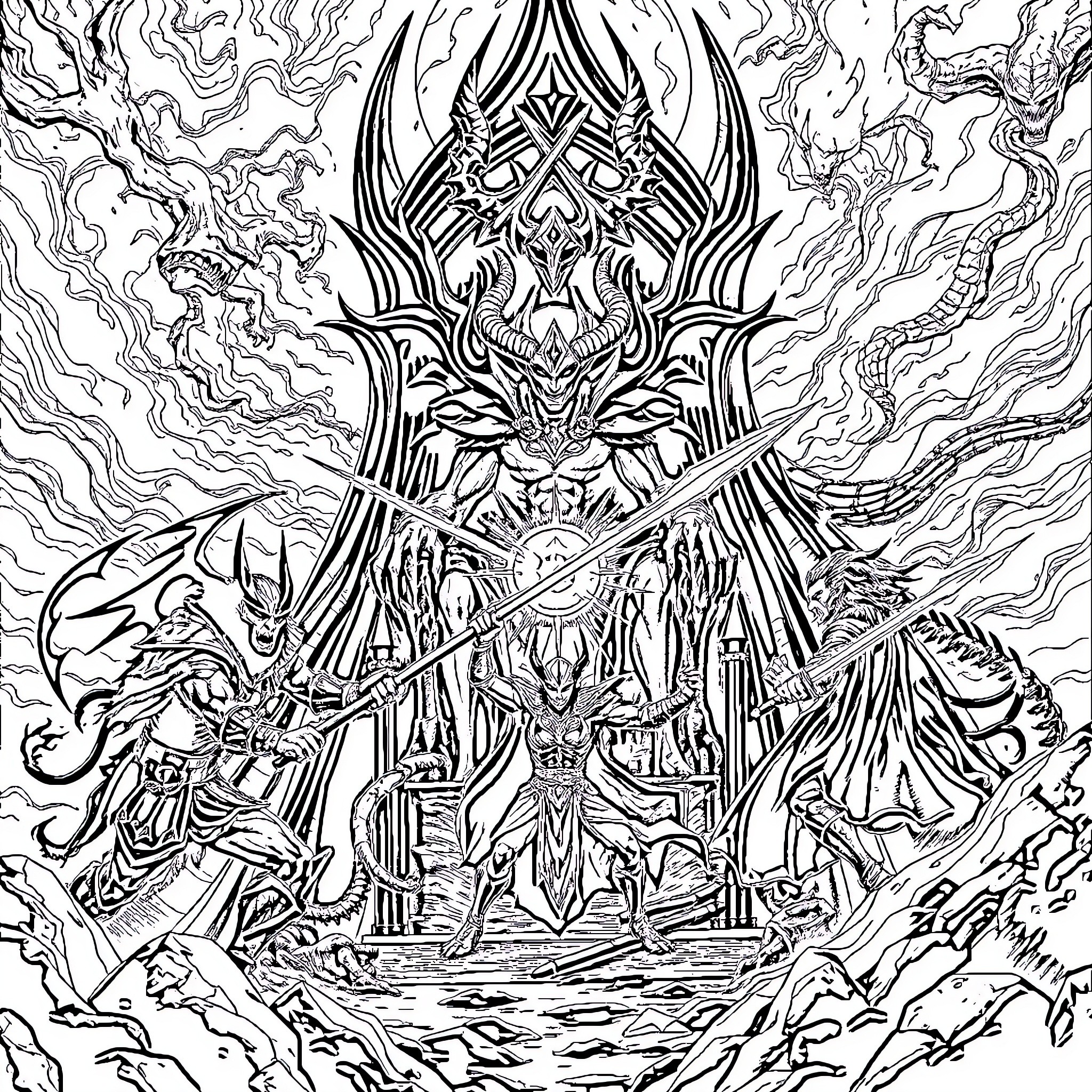 Oryx Deity's Ominous Ascent in Mystical Realm Coloring Page (free black-and-white line drawing printable PDF for all, from beginners to advanced learners, including children, teens, adults, and seniors)