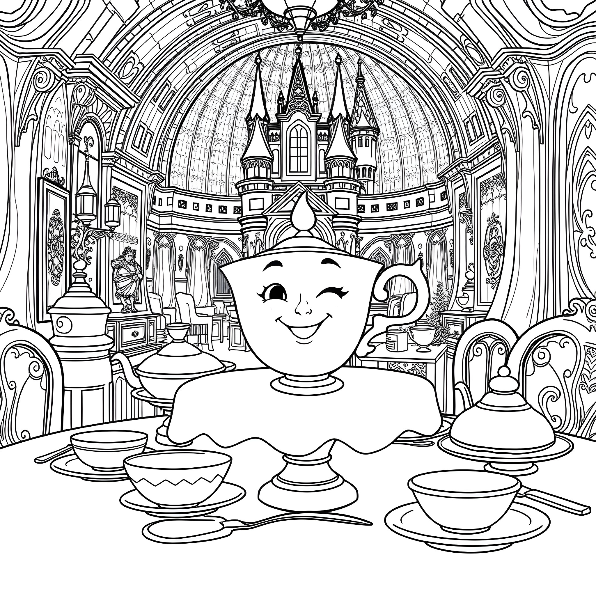 Chip's Fancy Teacup Adventure in the Castle Coloring Page (free black-and-white line drawing printable PDF for all, from beginners to advanced learners, including children, teens, adults, and seniors)
