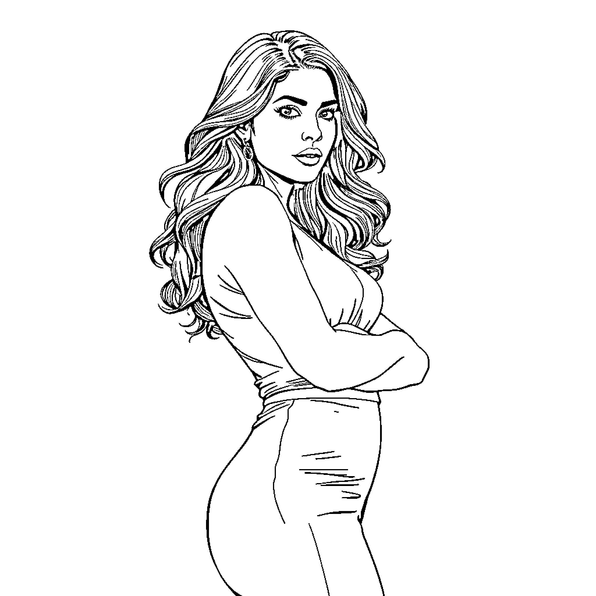 Salma Hayek posing confidently in elegant attire Coloring Page (free black-and-white line drawing printable PDF for all, from beginners to advanced learners, including children, teens, adults, and seniors)