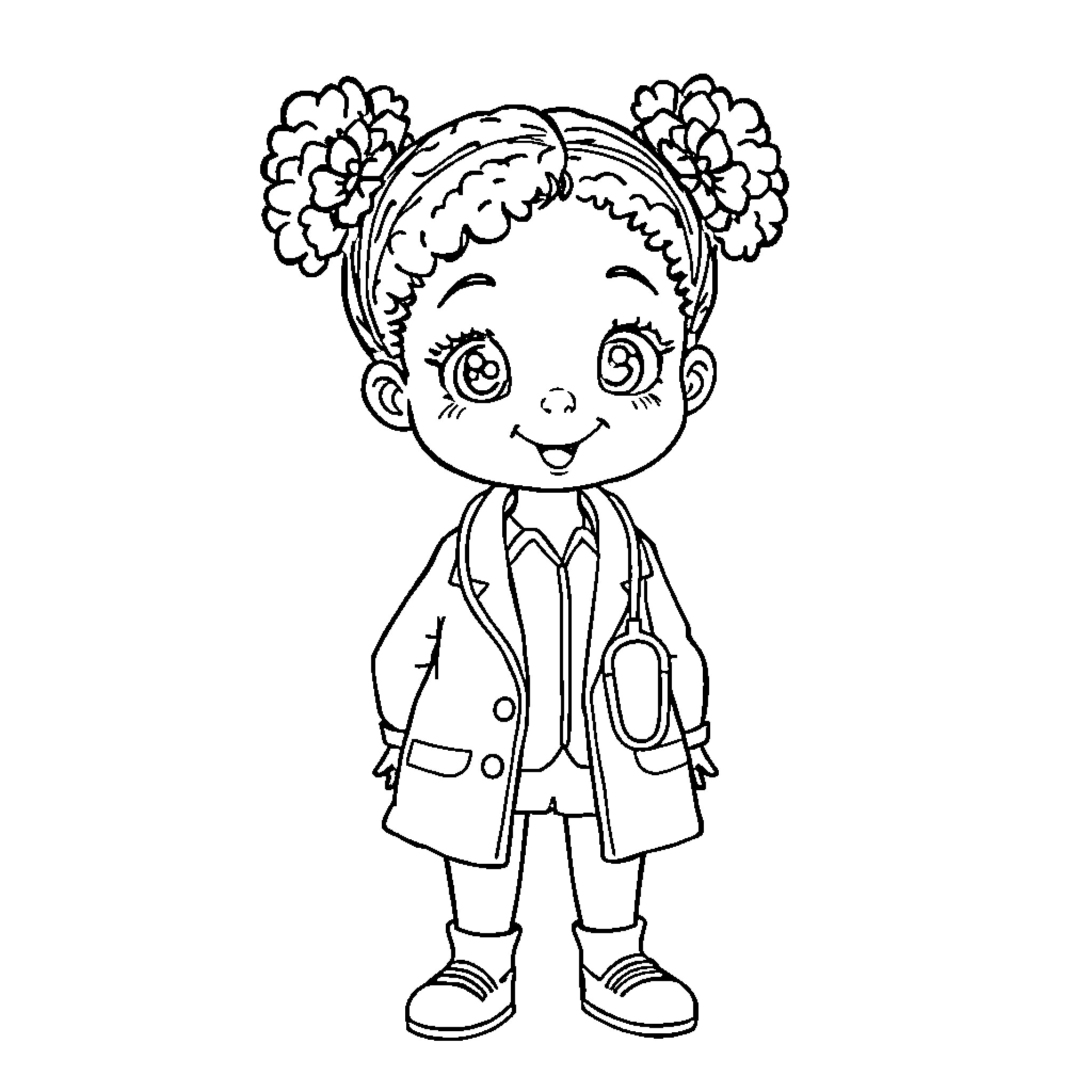 Girl in Flower Headband and Lab Coat Coloring Page (free black-and-white line drawing printable PDF for all, from beginners to advanced learners, including children, teens, adults, and seniors)