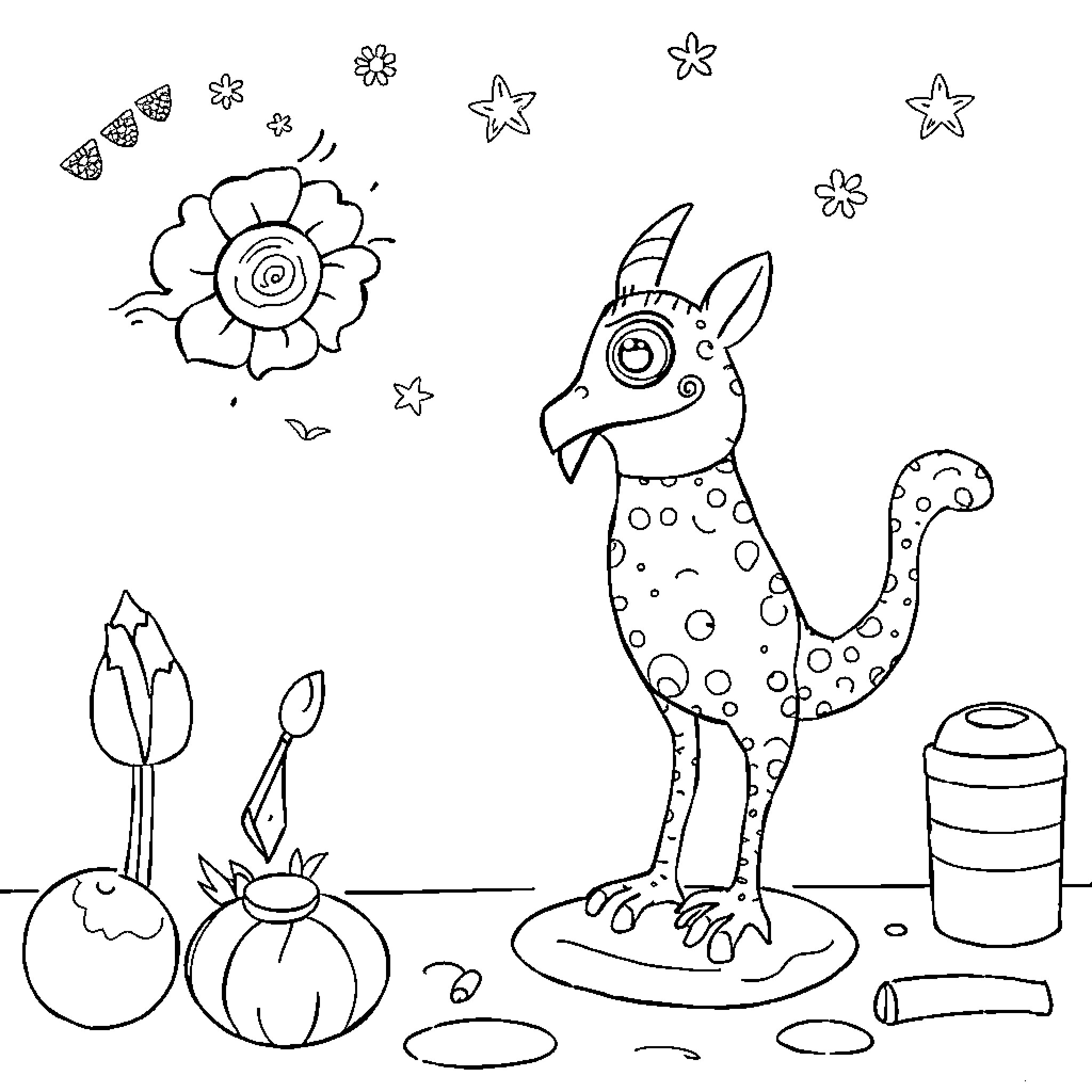 Maze of Whimsical Creatures and Flowers Coloring Page (free black-and-white line drawing printable PDF for all, from beginners to advanced learners, including children, teens, adults, and seniors)