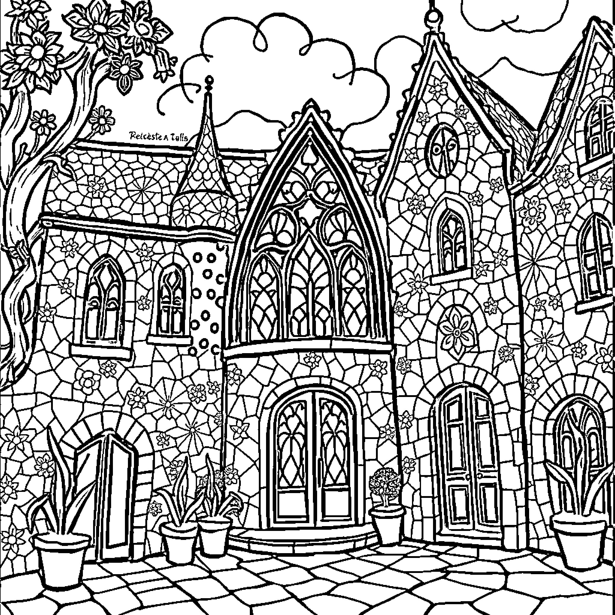 Trencadis Enchanted Gothic Architecture Coloring Page (free black-and-white line drawing printable PDF for all, from beginners to advanced learners, including children, teens, adults, and seniors)