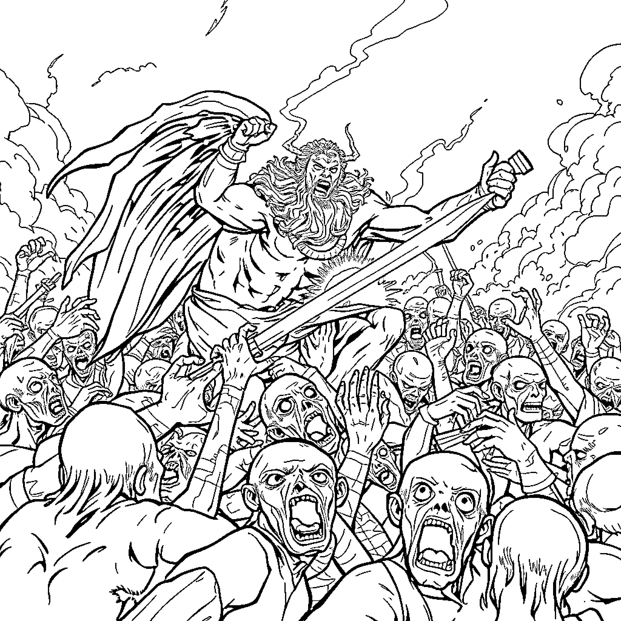 God Defeating the Horde of Monsters and Evil Entities Coloring Page (free black-and-white line drawing printable PDF for all, from beginners to advanced learners, including children, teens, adults, and seniors)
