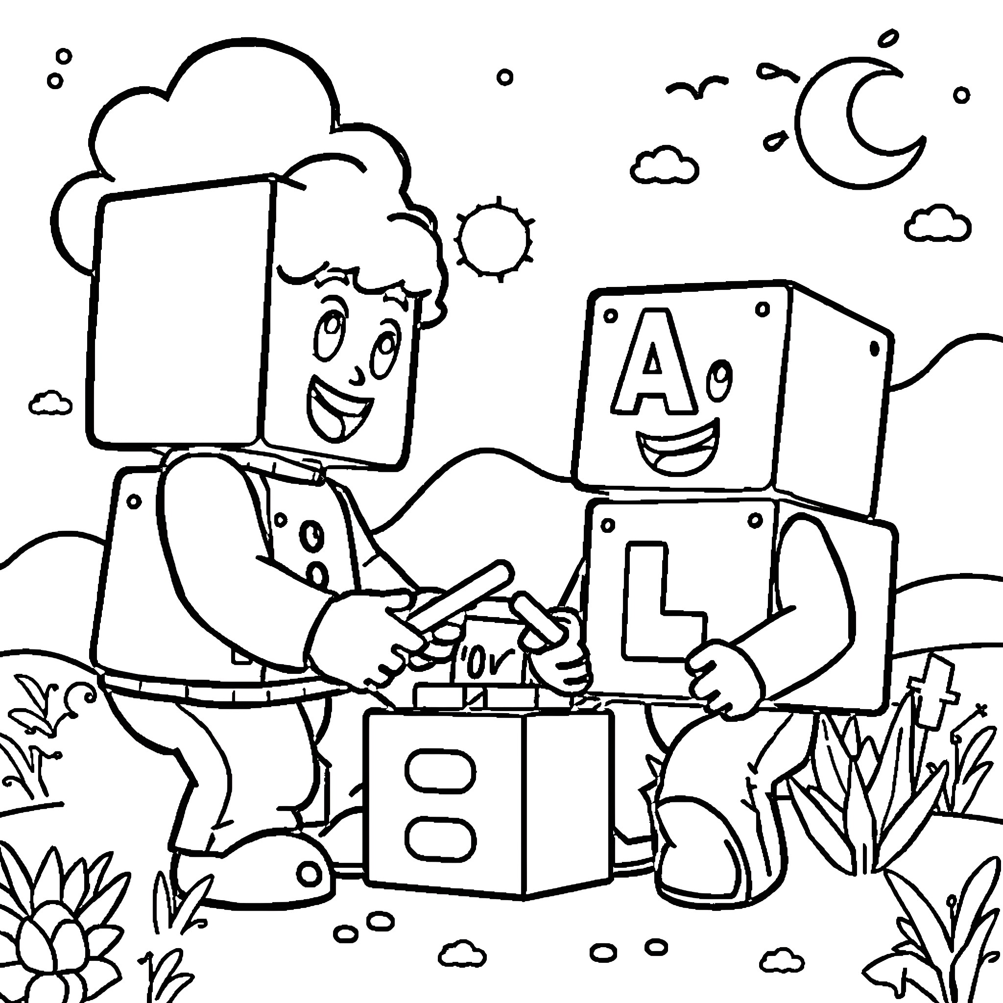 Numberblocks exploring nature and playing together Coloring Page (free black-and-white line drawing printable PDF for all, from beginners to advanced learners, including children, teens, adults, and seniors)
