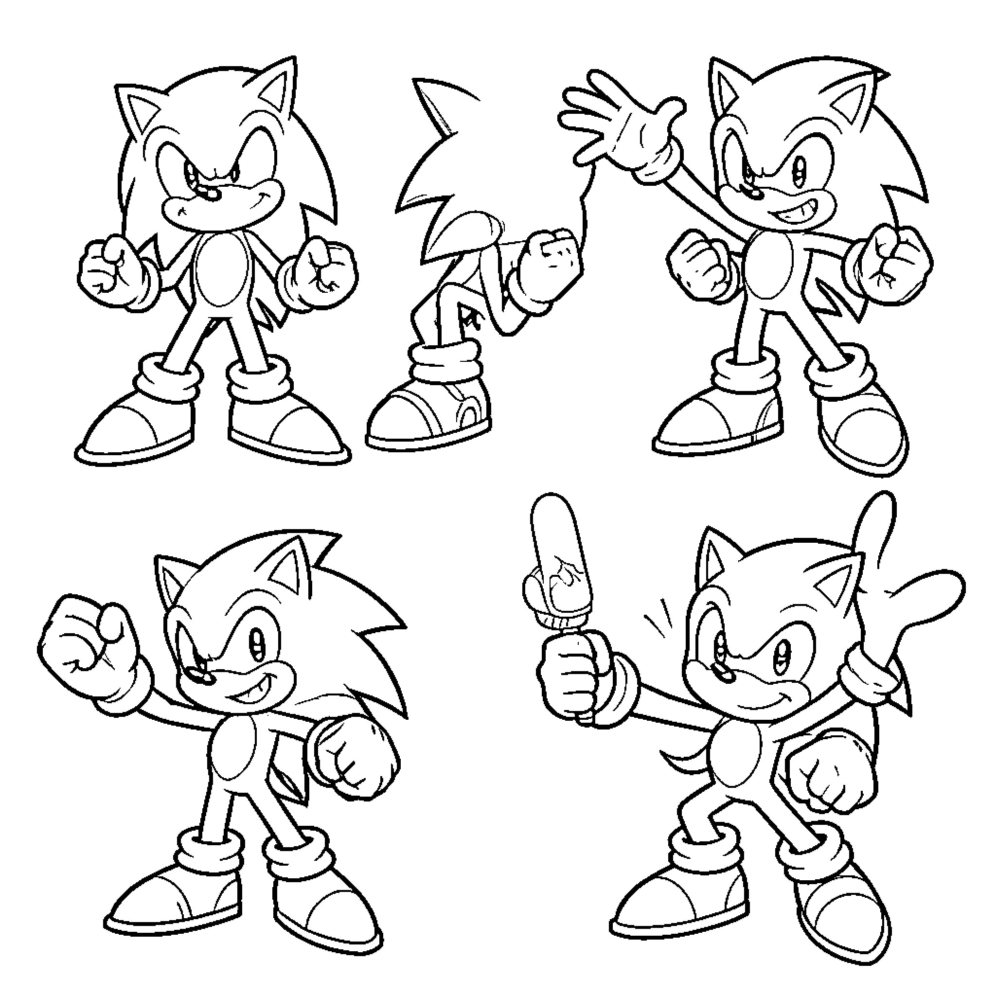 Sonic posing in various energetic and happy stances Coloring Page (free black-and-white line drawing printable PDF for all, from beginners to advanced learners, including children, teens, adults, and seniors)