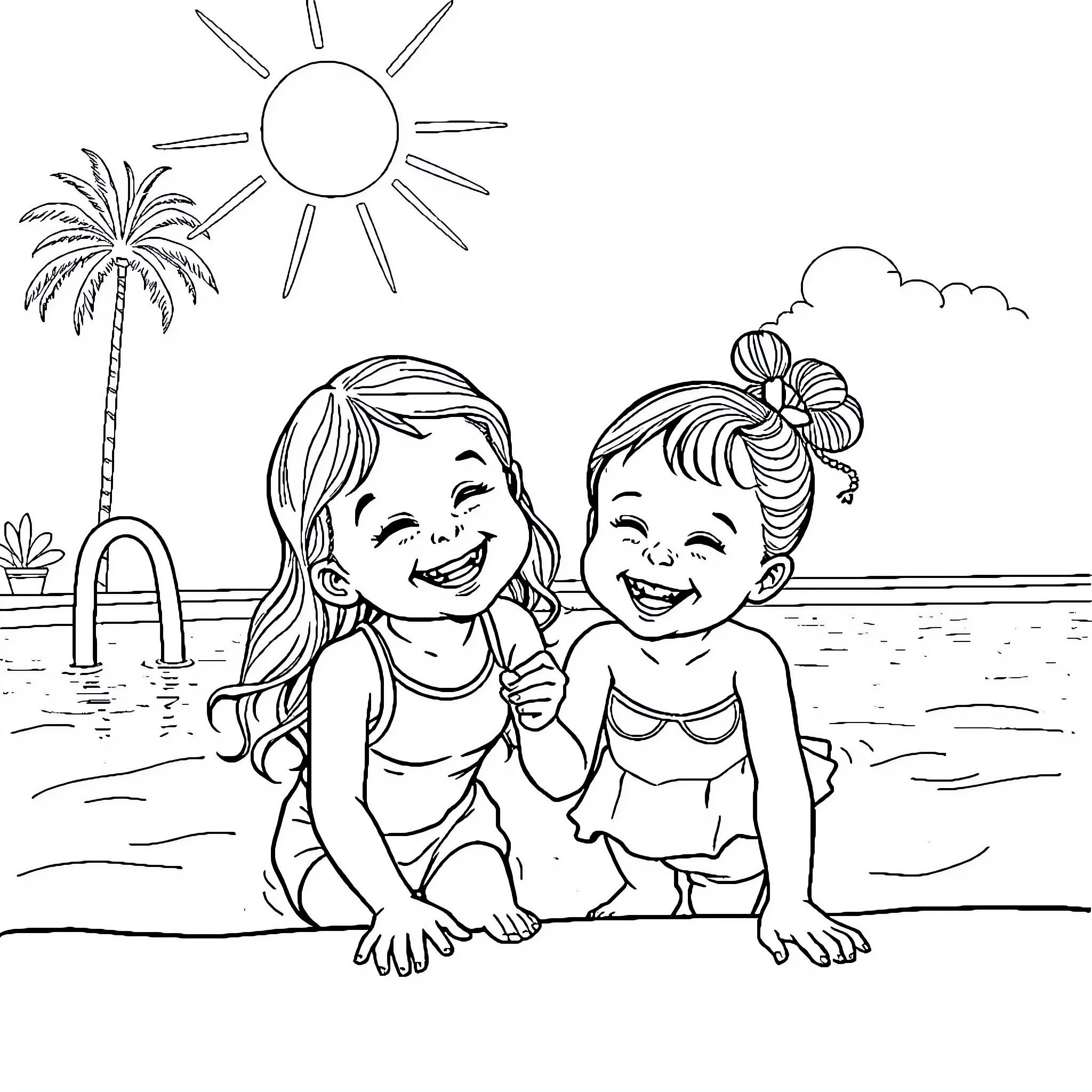 Fille friends enjoying summer day at beach Coloring Page (free black-and-white line drawing printable PDF for all, from beginners to advanced learners, including children, teens, adults, and seniors)