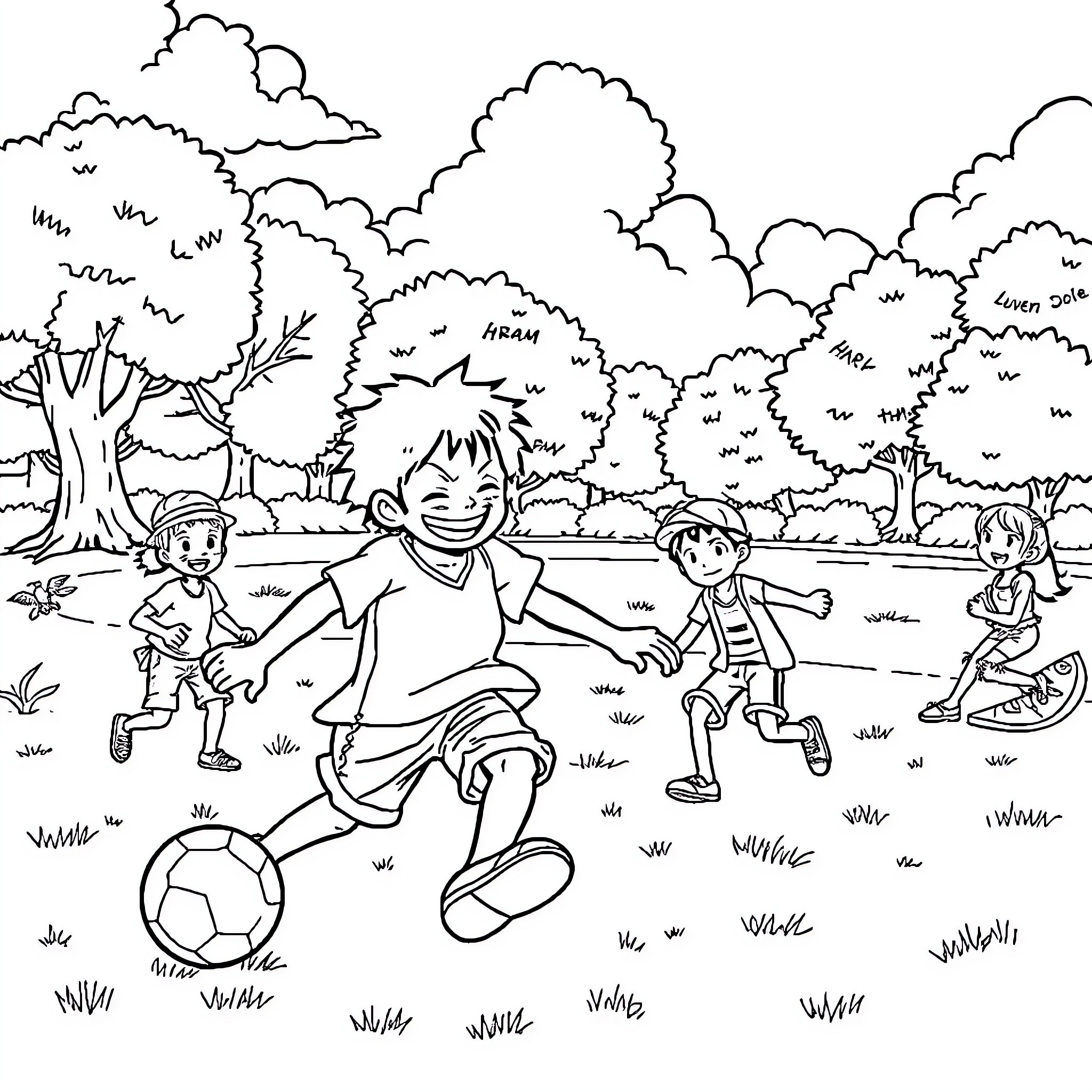 Luffy and friends playing soccer in the park Coloring Page (free black-and-white line drawing printable PDF for all, from beginners to advanced learners, including children, teens, adults, and seniors)