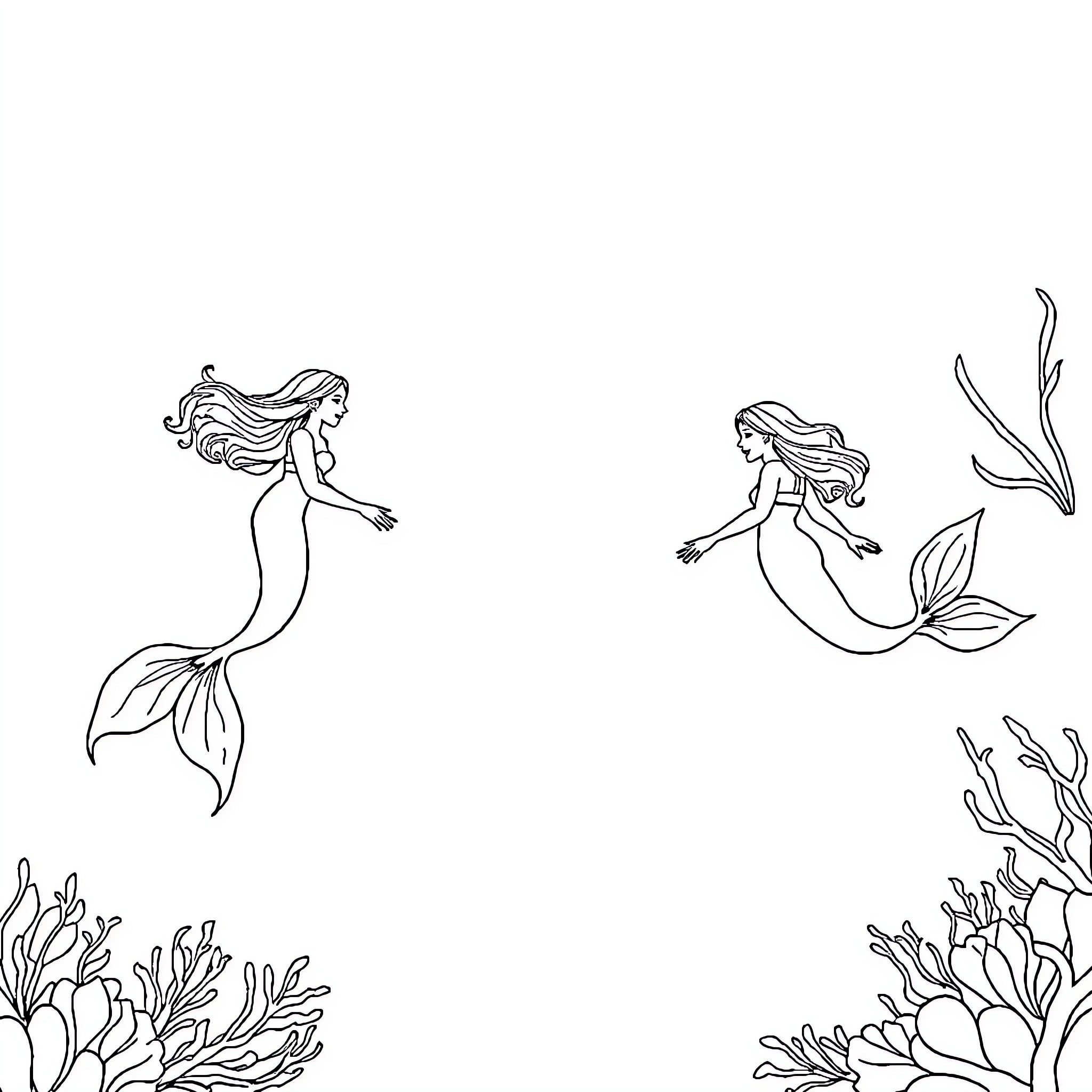 Mermaid Maidens Frolicking in the Ocean Coloring Page (free black-and-white line drawing printable PDF for all, from beginners to advanced learners, including children, teens, adults, and seniors)